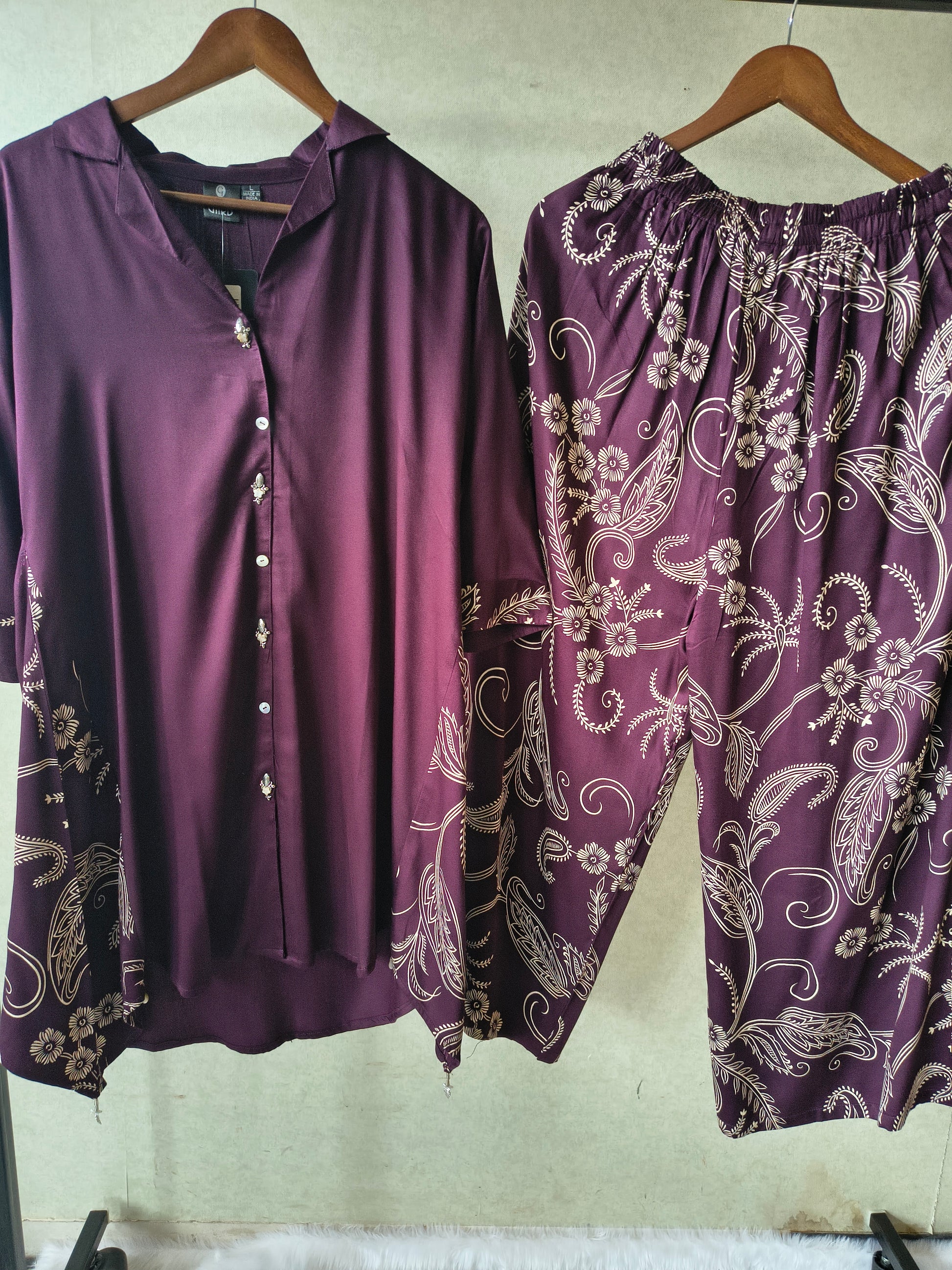 Premium Plum Satin Co-Ord Kurta Set with Printed Straight Pants