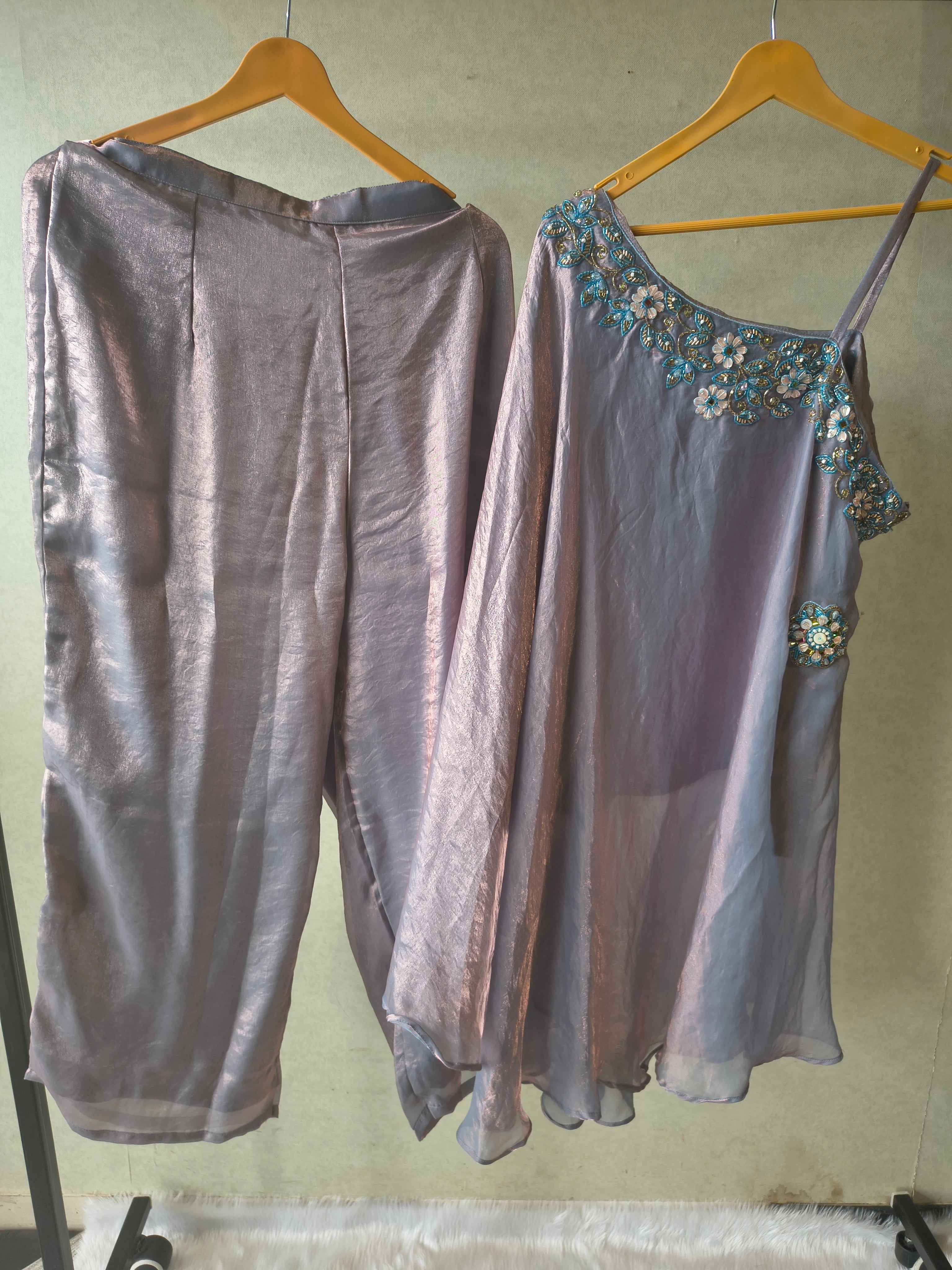 Image of Designer Lilac One-Shoulder Cape Top with Draped Tulip Pants – Luxury Indo-Western Co-Ord Set