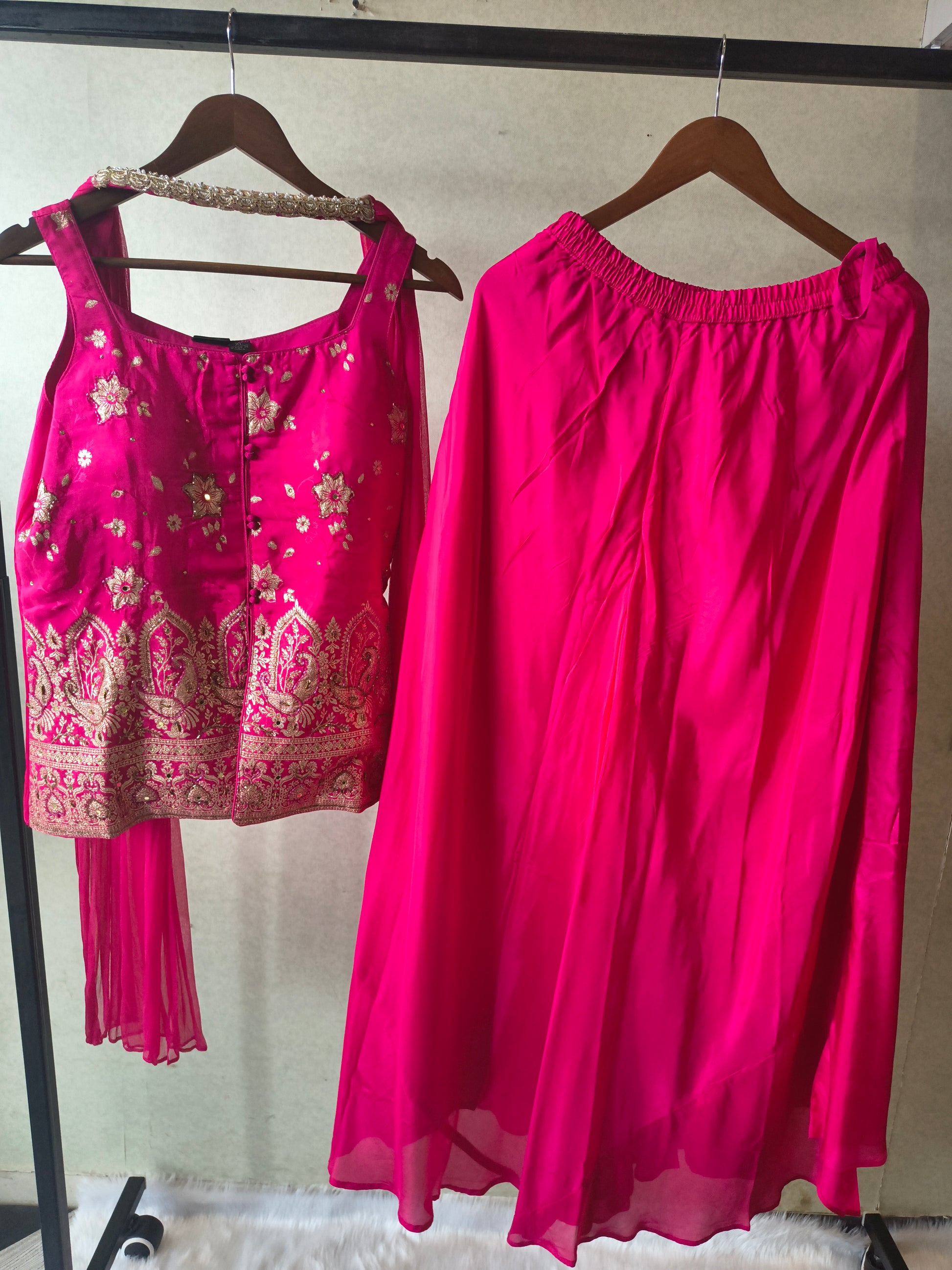 Premium Rani Pink Satin Silk 3-Piece Lehenga Set with Heavy Zari Embroidered Blouse & Dupatta