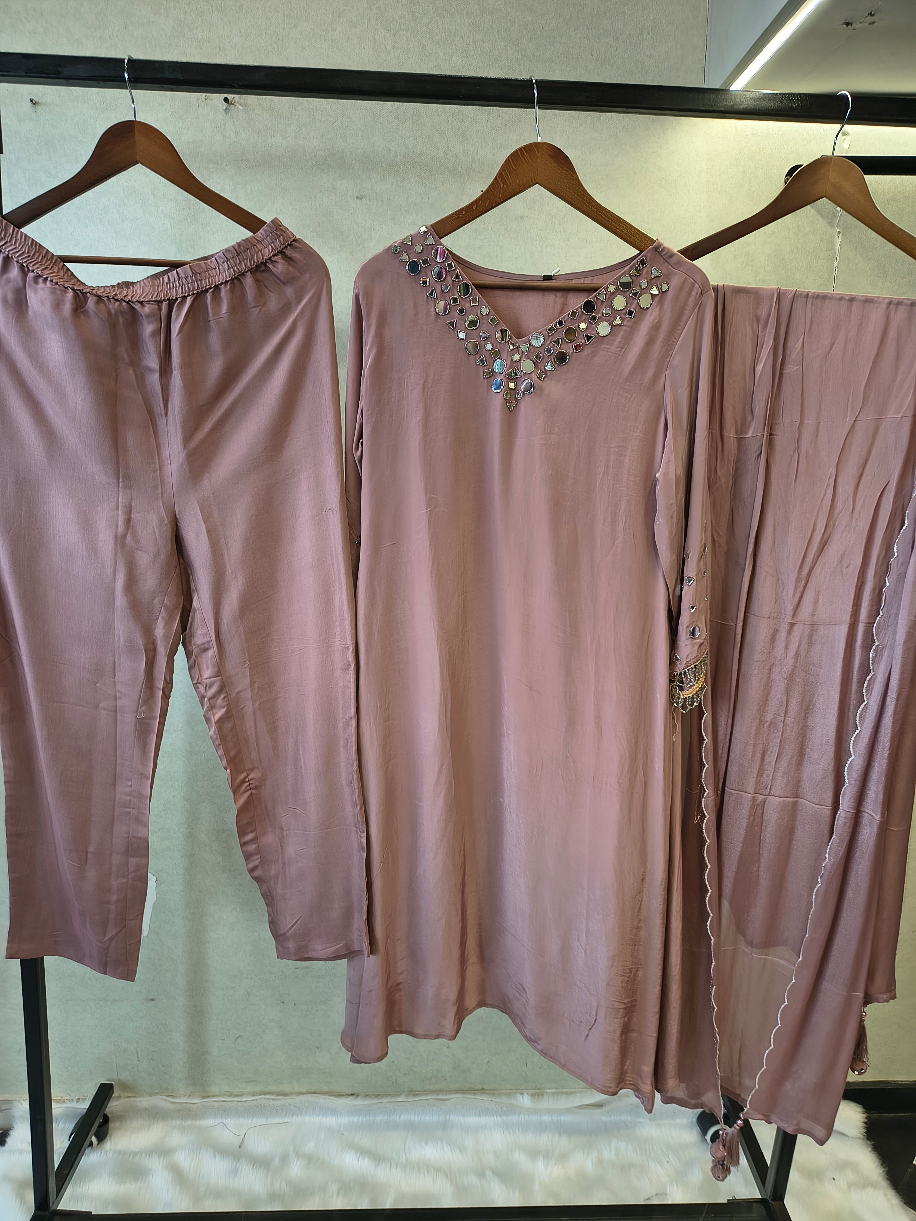 Image of Dusty Mauve Mirror Embellished Straight Kurta Set with Matching Pants & Scalloped Dupatta | Premium 3 Piece Festive Ensemble
