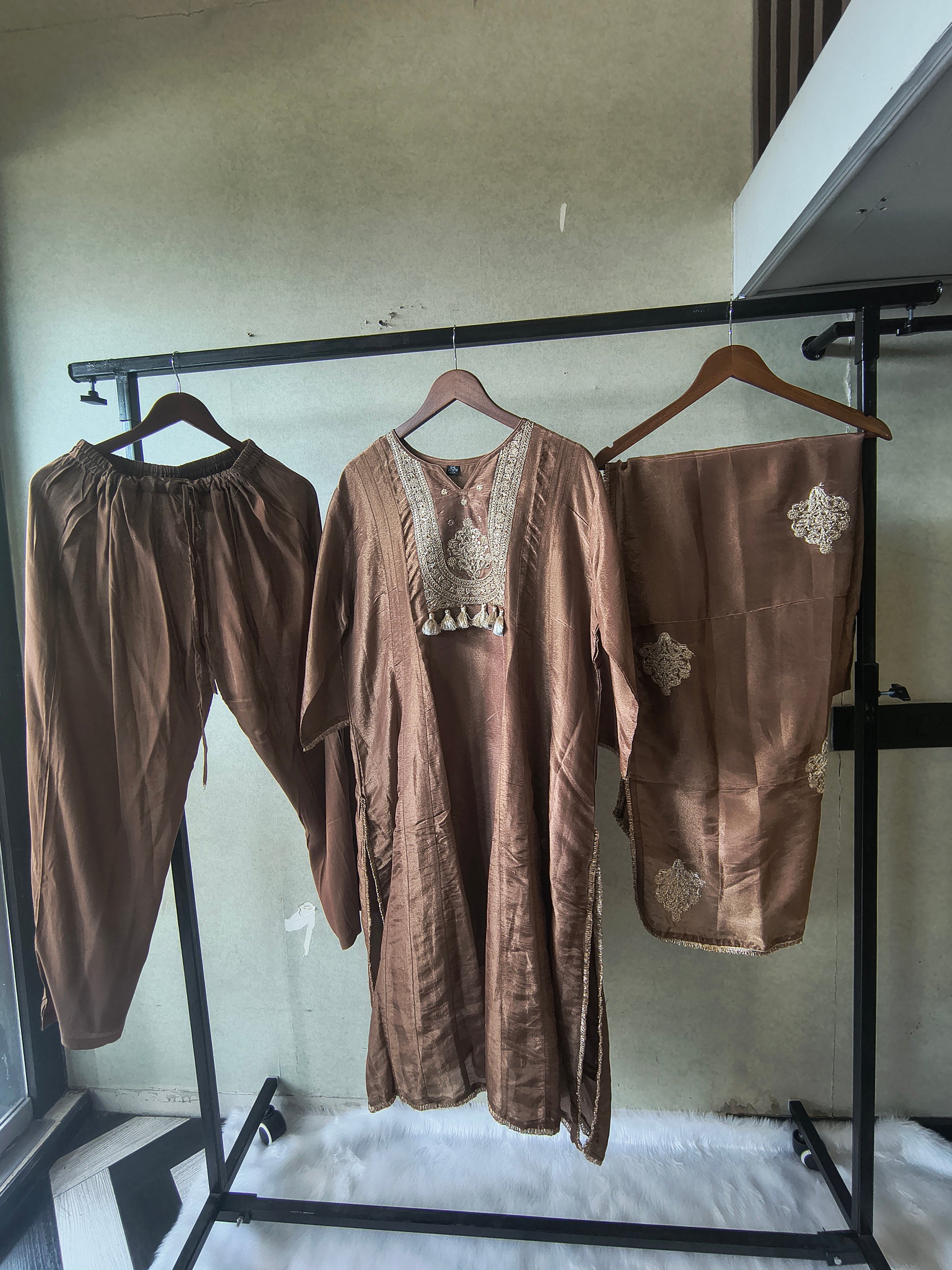 Premium Copper Brown Embroidered A-Line Kurta Set with Dupatta