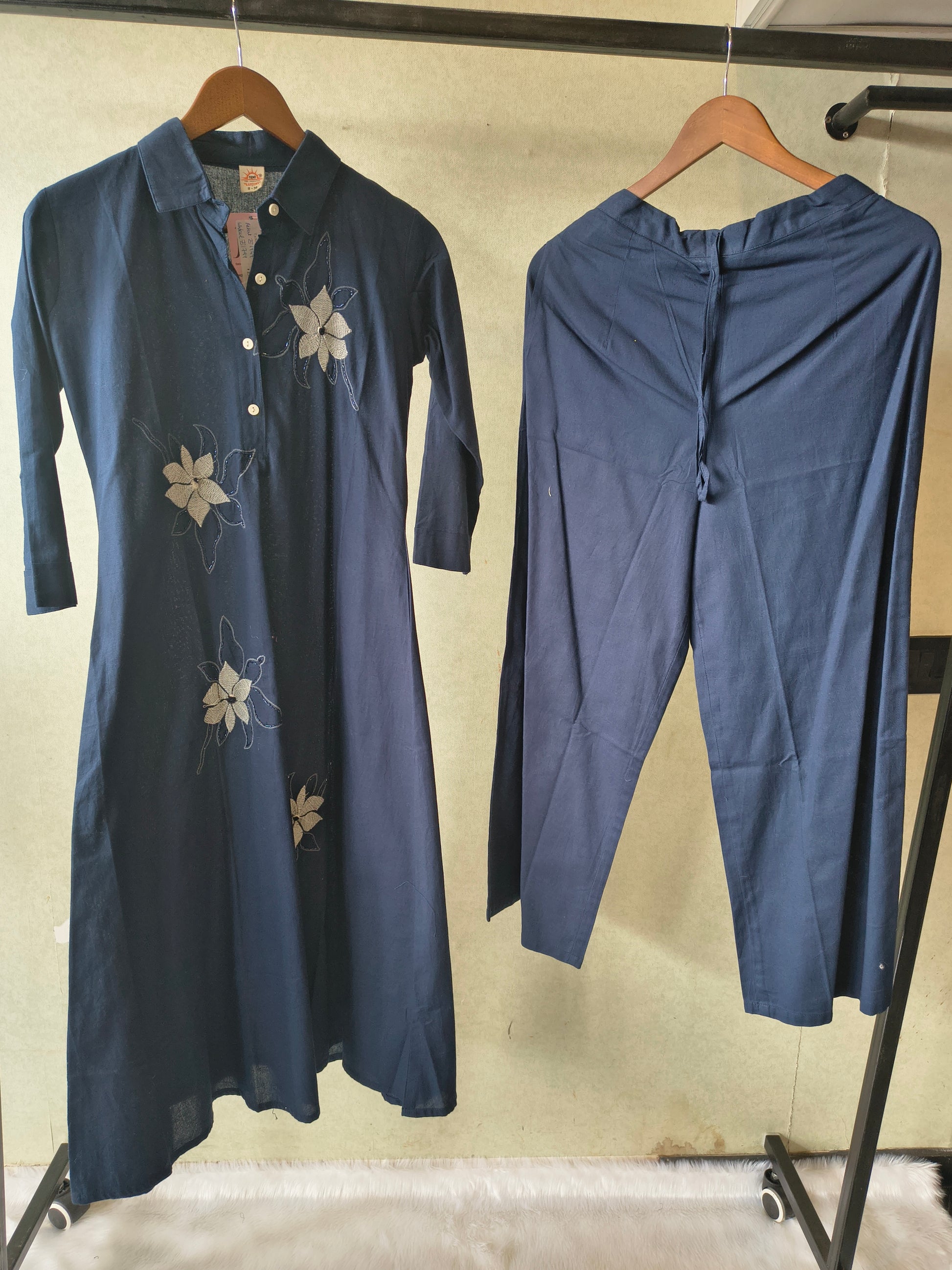 Tadko Premium Navy Blue A-Line Kurta Set with Floral Appliqué Embroidery & Straight Pants