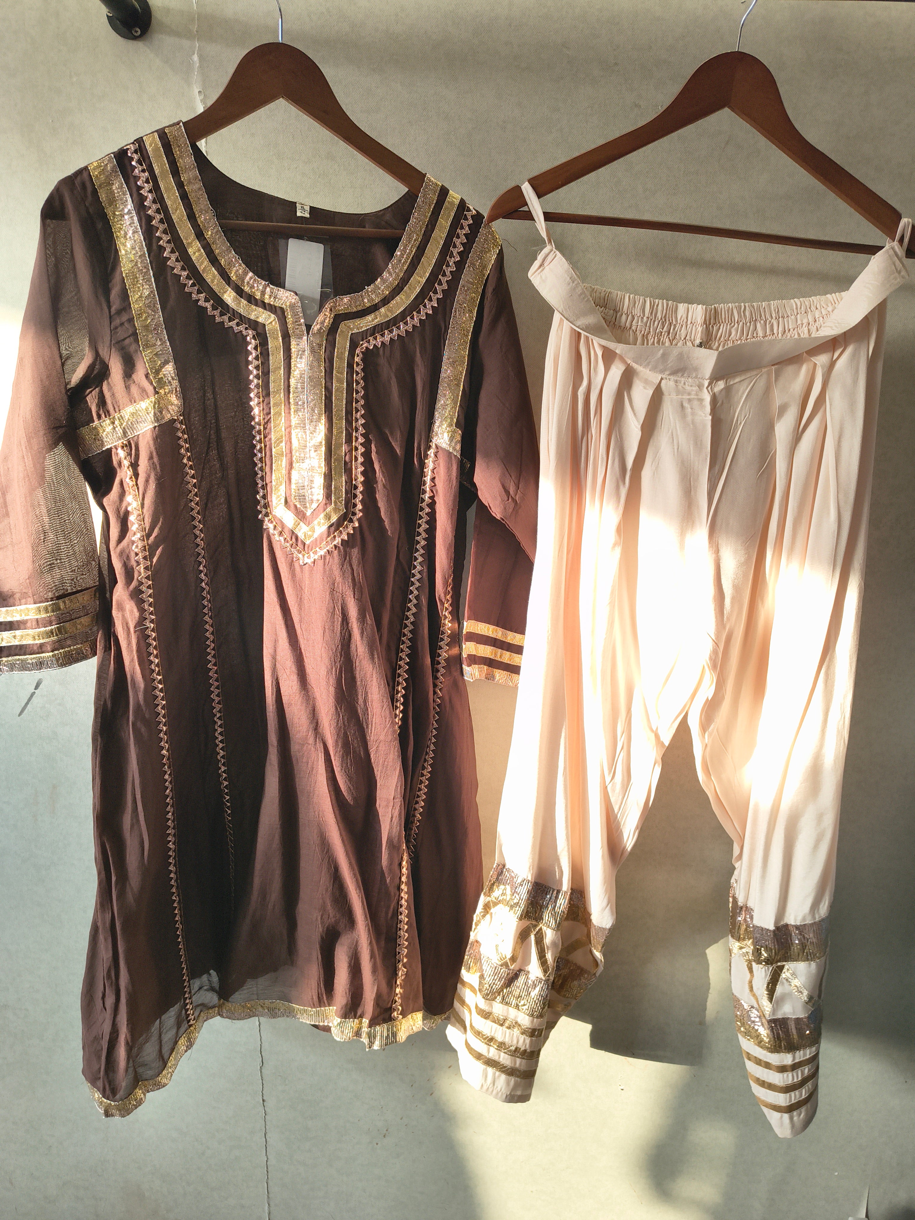Image of Chocolate Brown Gota Patti Designer Kurta Set with Embellished Dhoti Pants