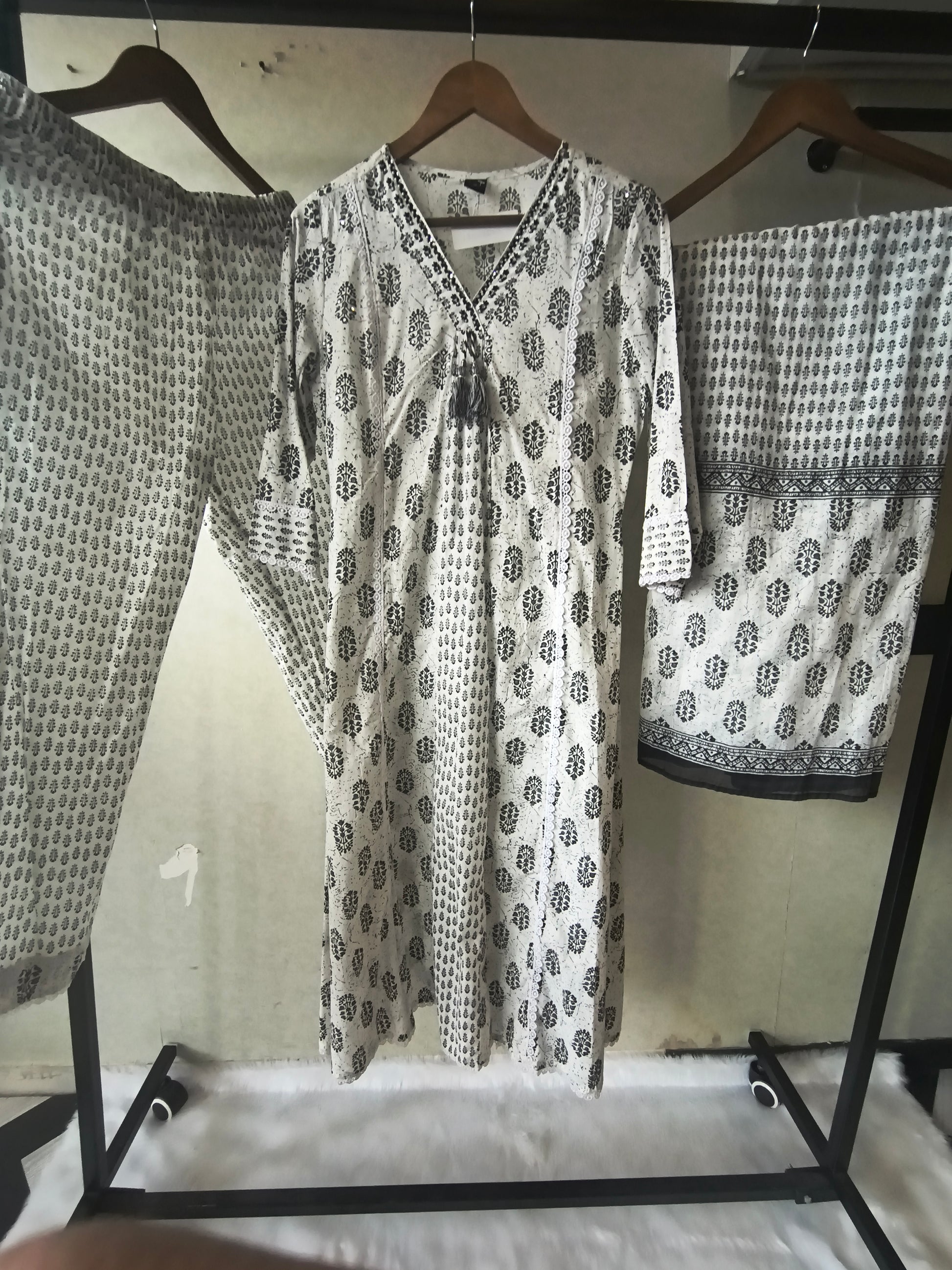 Premium Black & White Hand Block Printed Cotton Anarkali Kurta Set with Printed Pants & Dupatta