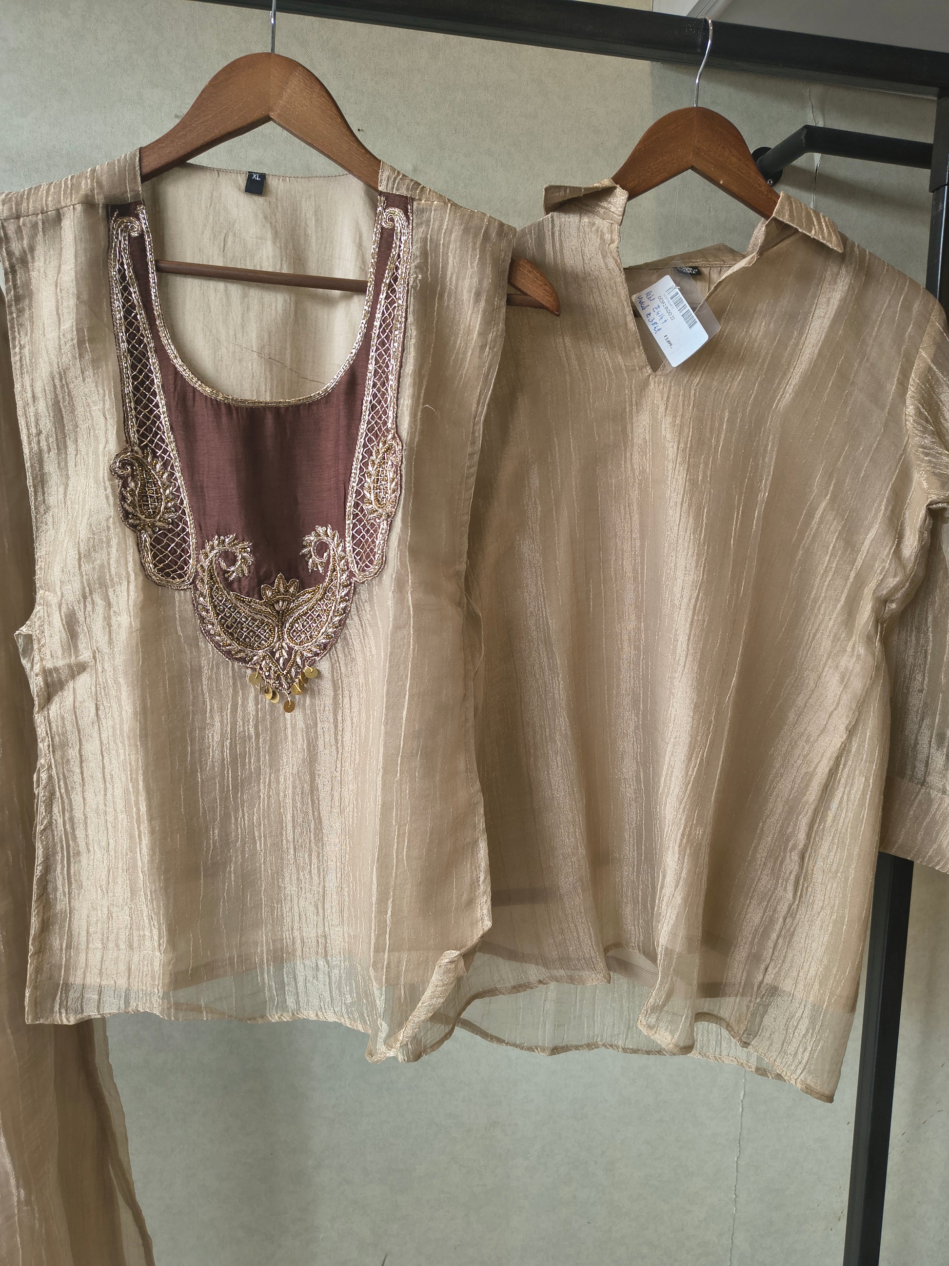 Premium Taupe Tissue Silk 3-Piece Co-Ord Set with Antique Embroidered Jacket, Inner & Palazzo