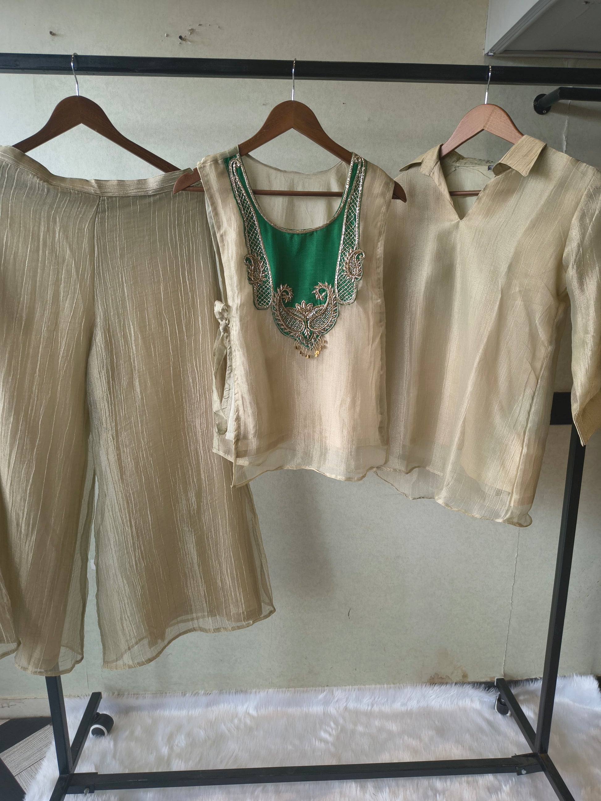 Premium Champagne Gold Tissue Silk 3-Piece Co-Ord Set with Emerald Hand Embellished Jacket, Inner & Palazzo