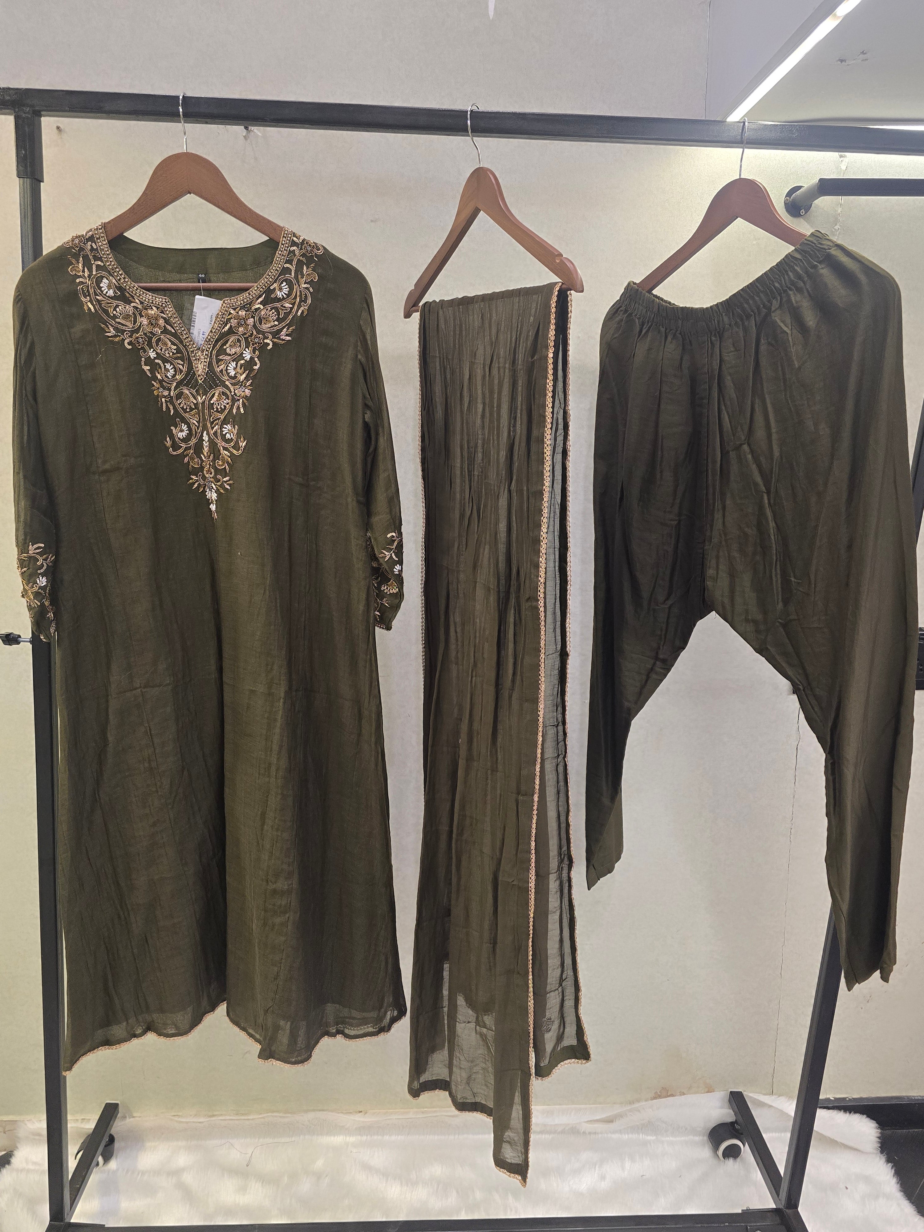 Image of Olive Green Designer Embroidered Kurta Set with Chiffon Dupatta | Premium 3 Piece Ethnic Suit