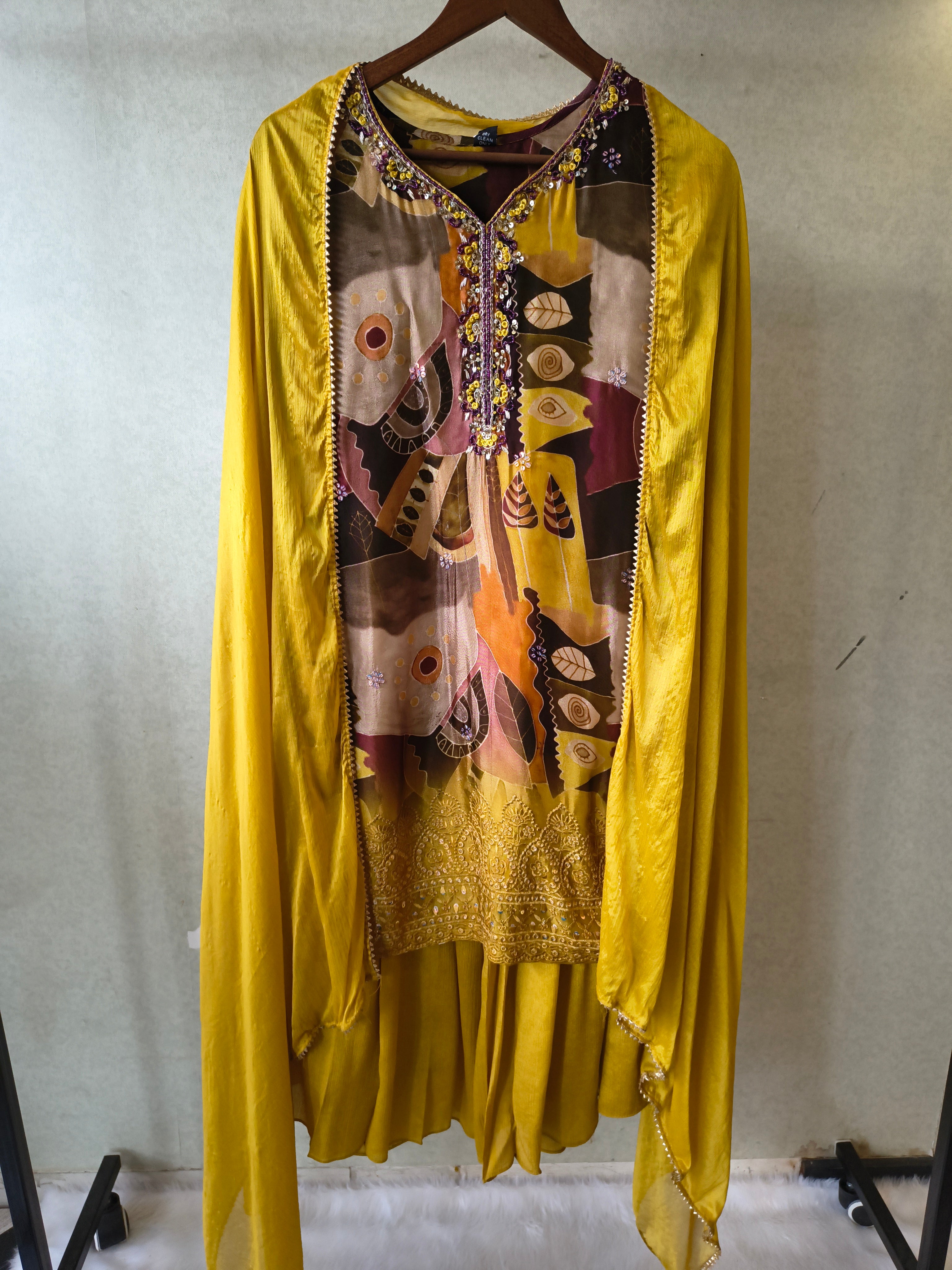 Image of Premium Mustard Abstract Printed Kurta with Sharara & Dupatta Set