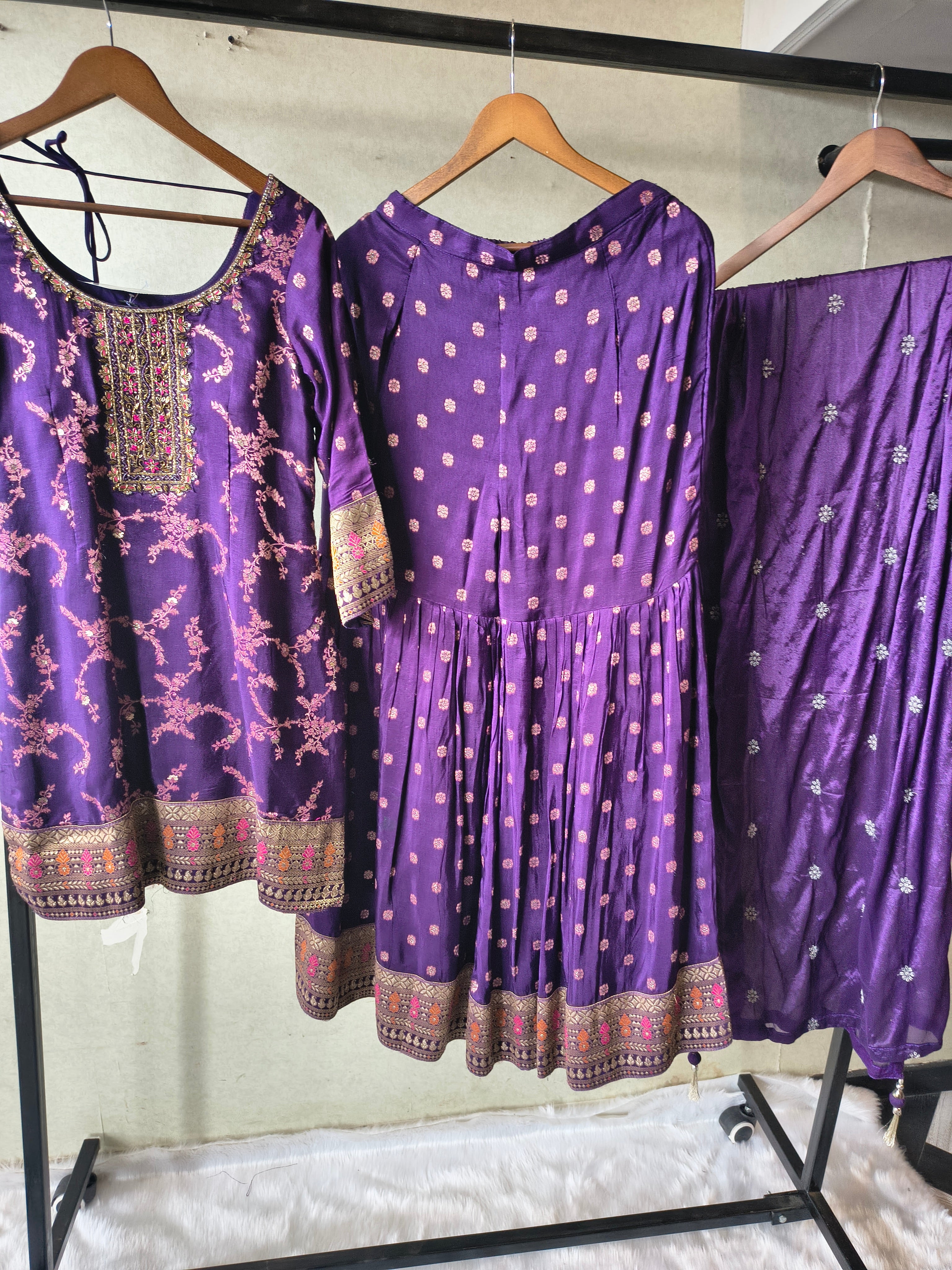 Image of Royal Purple Embroidered Peplum Sharara Set with Banarasi Border & Dupatta – Premium 3 Piece Festive Ensemble