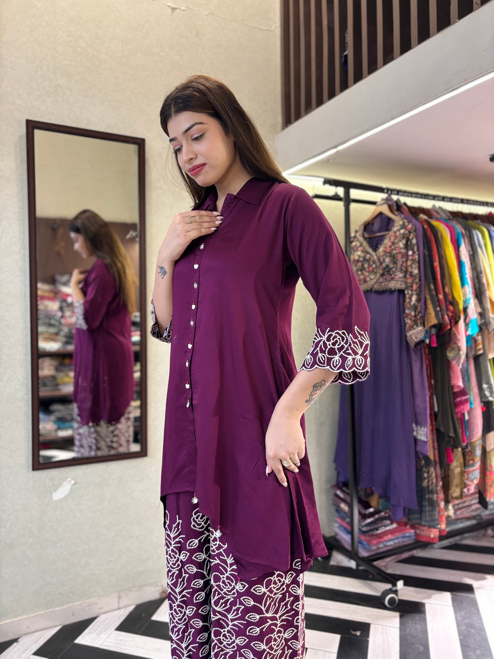 Pure Gaji Silk with Crepe Fabric Coord Set ( Thread Work )