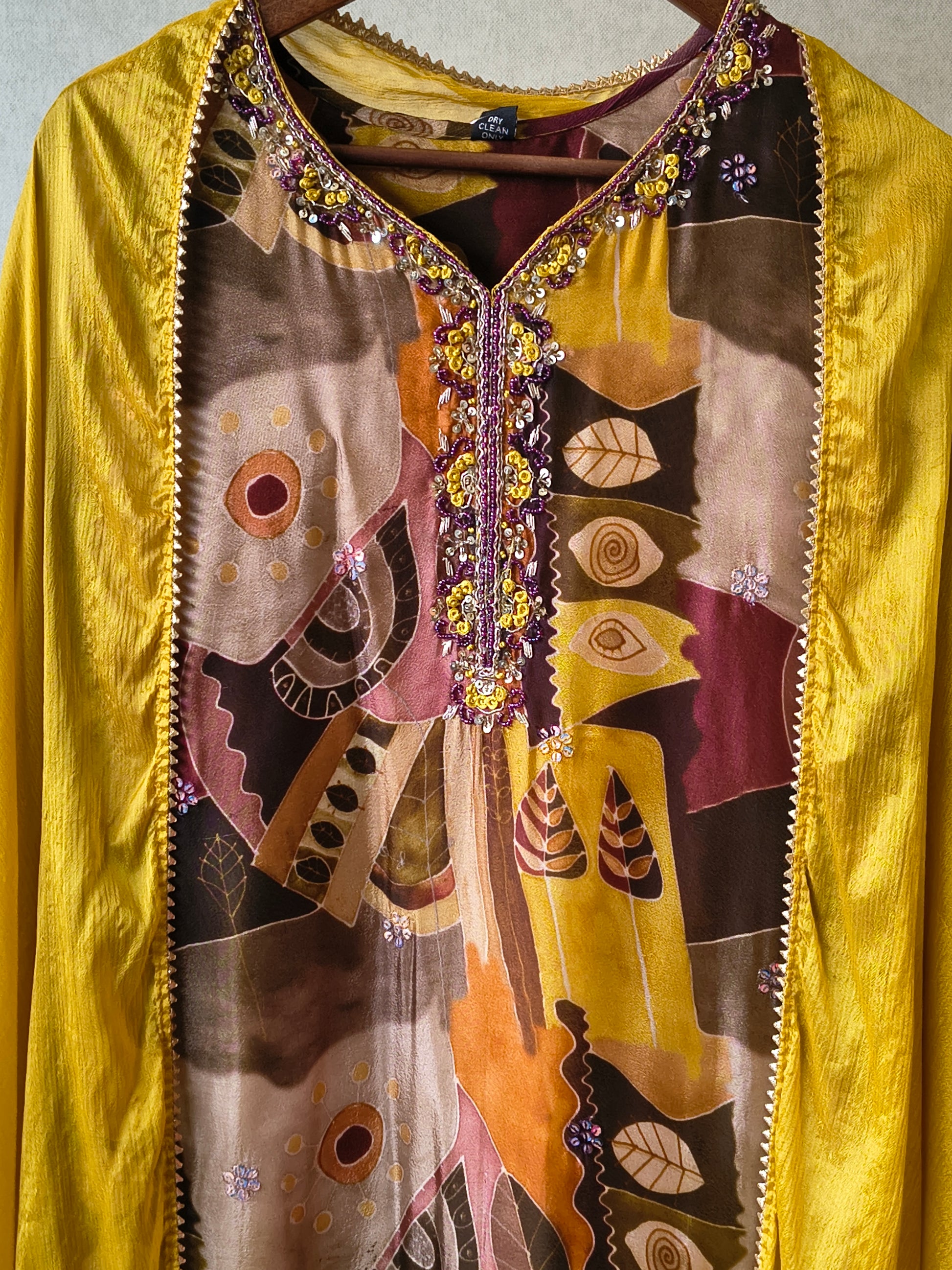 Premium Mustard Abstract Printed Kurta with Sharara & Dupatta Set