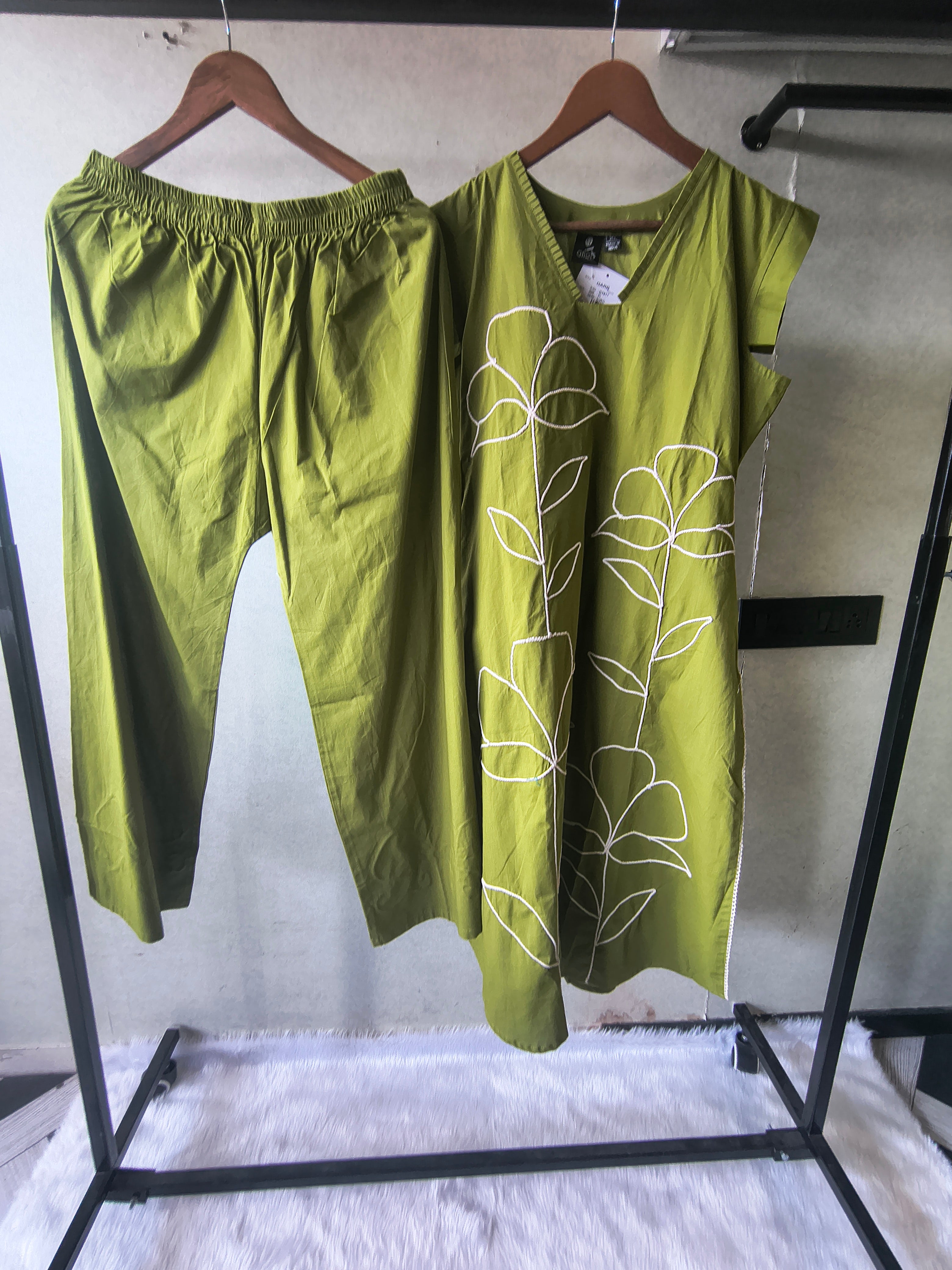 Image of Olive Green Cotton Co-Ord Set with Abstract Floral Cord Embroidery