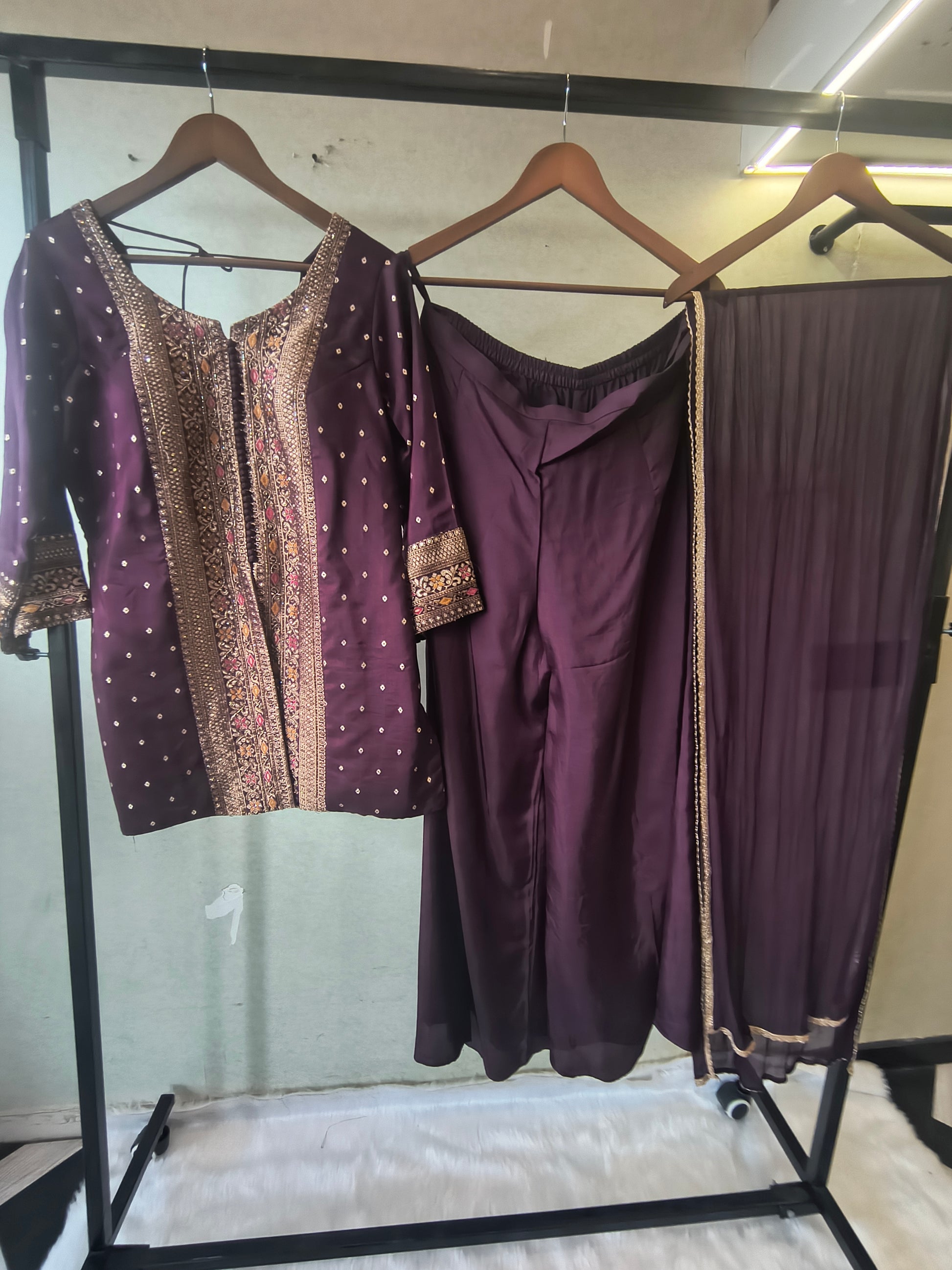 Royal Purple Embroidered Straight Kurta Set with Flared Palazzo & Pleated Dupatta – Designer 3 Piece Festive Ensemble