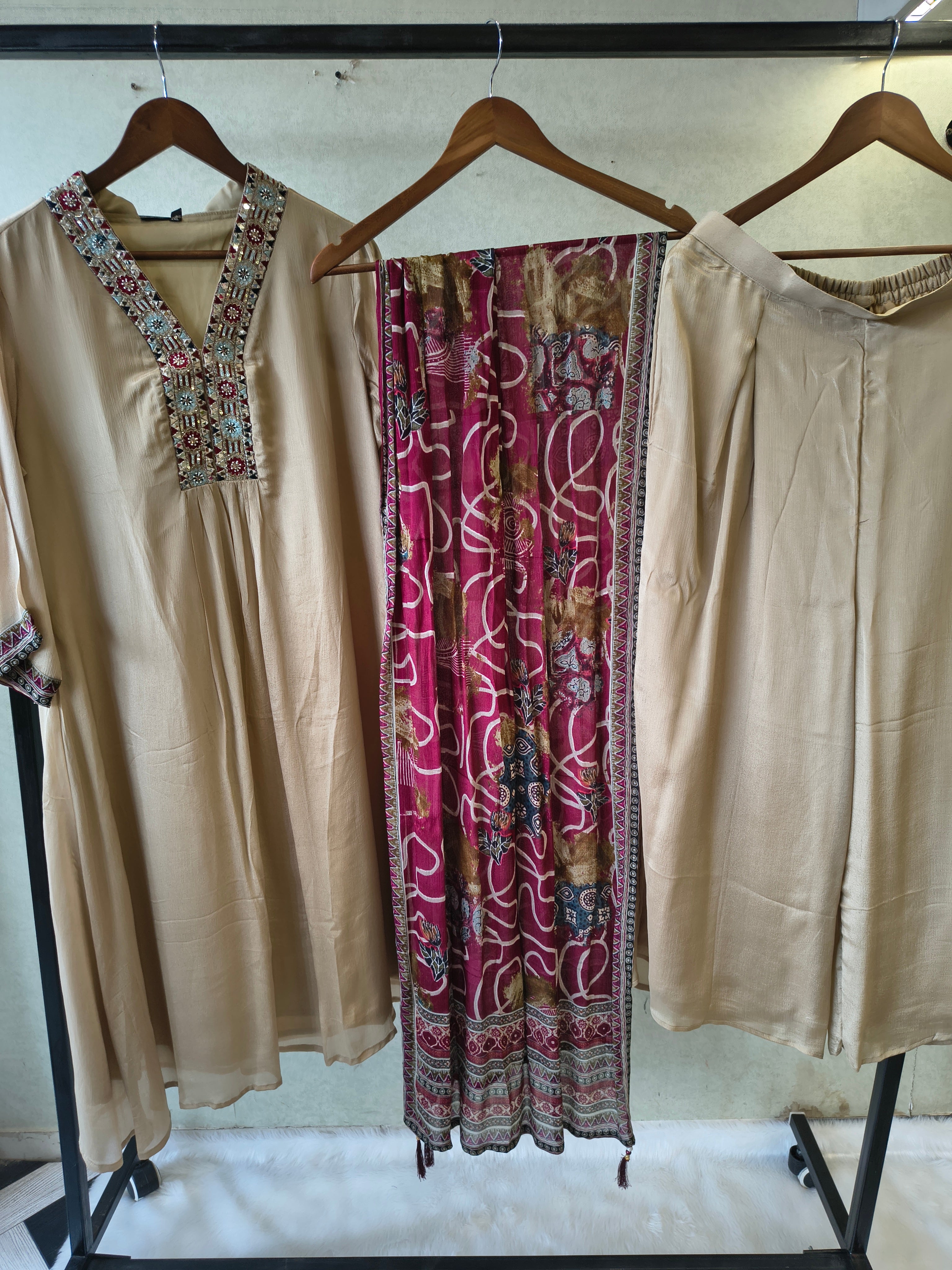 Image of Ivory Beige Embroidered Designer Kurta Set with Printed Dupatta | Premium 3 Piece Ethnic Suit