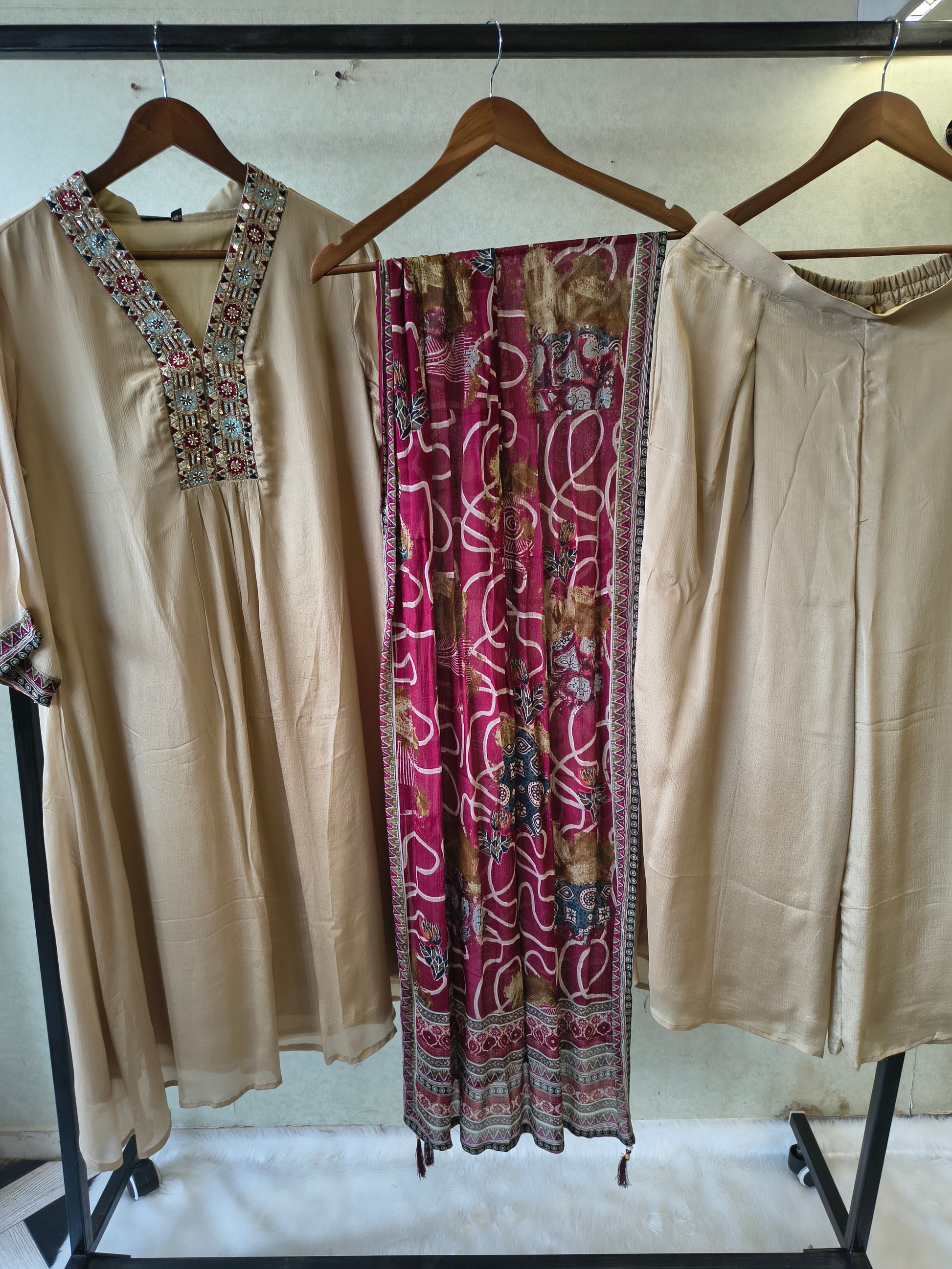 Ivory Beige Embroidered Designer Kurta Set with Printed Dupatta | Premium 3 Piece Ethnic Suit