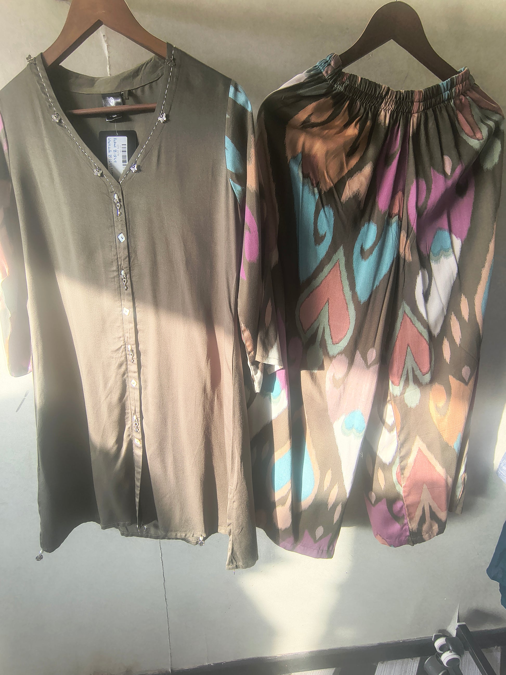 Olive Green Designer Co-Ord Set with Abstract Printed Pants & Embellished Neckline