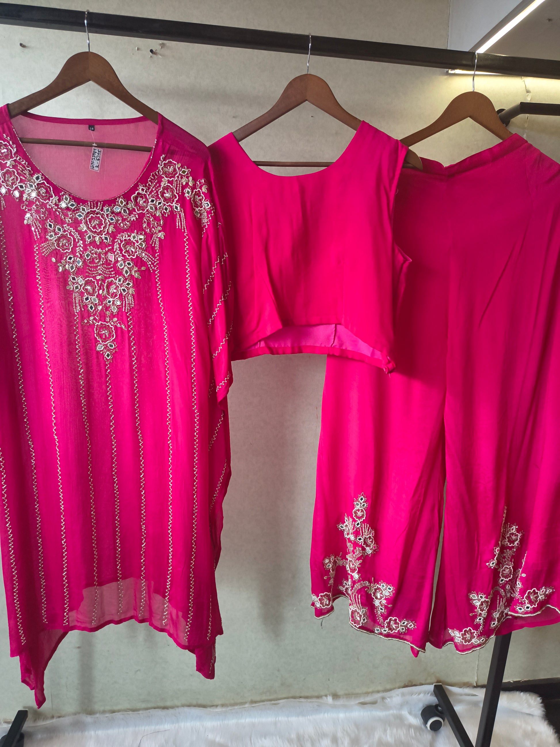 Hot Pink Mirror Embroidered Kaftan Co-Ord Set with Crop Top & Flared Palazzo – Designer 3 Piece Indo-Western Ensemble