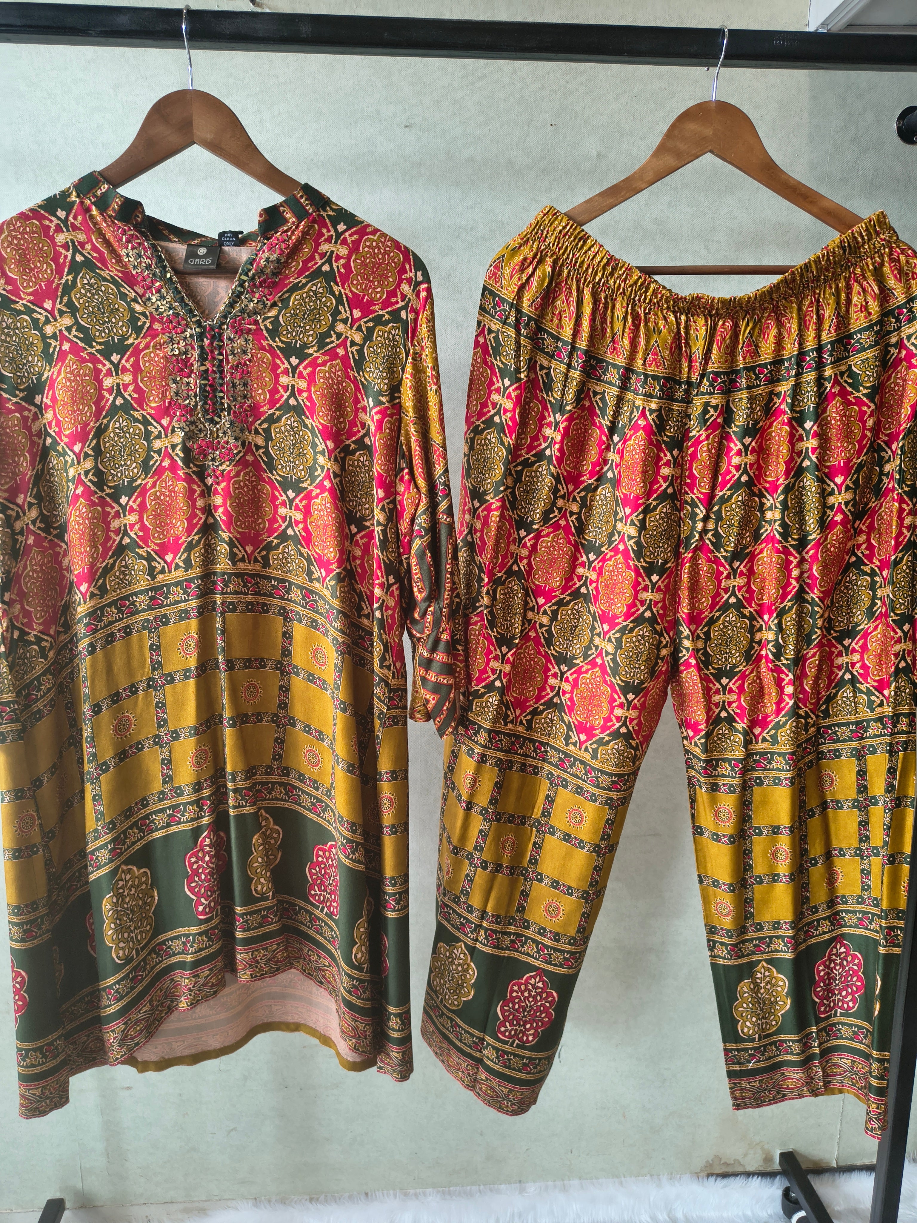Image of Premium Olive Green & Mustard Heritage Print Co-Ord Kurta Set with Straight Pants