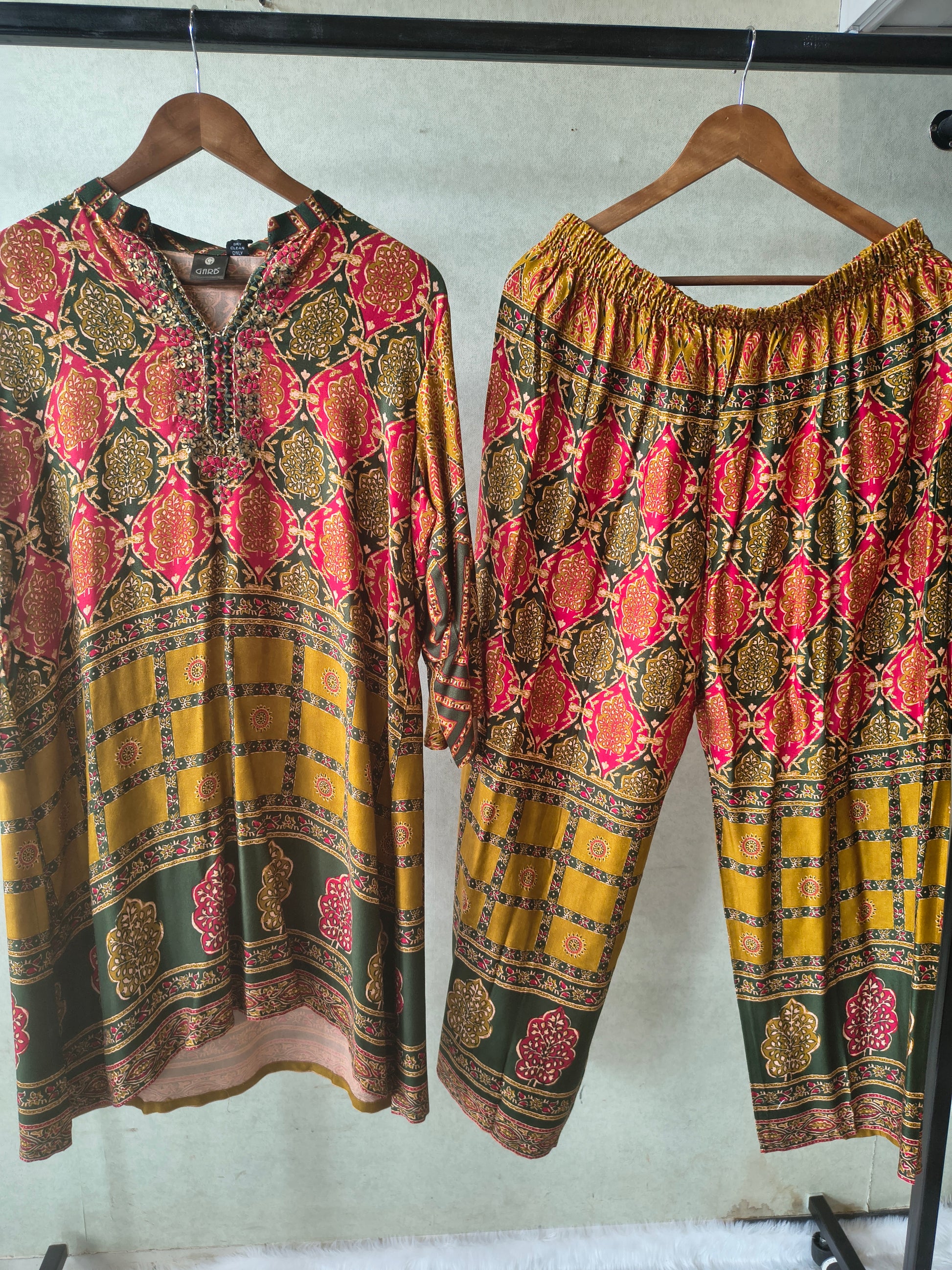 Premium Olive Green & Mustard Heritage Print Co-Ord Kurta Set with Straight Pants