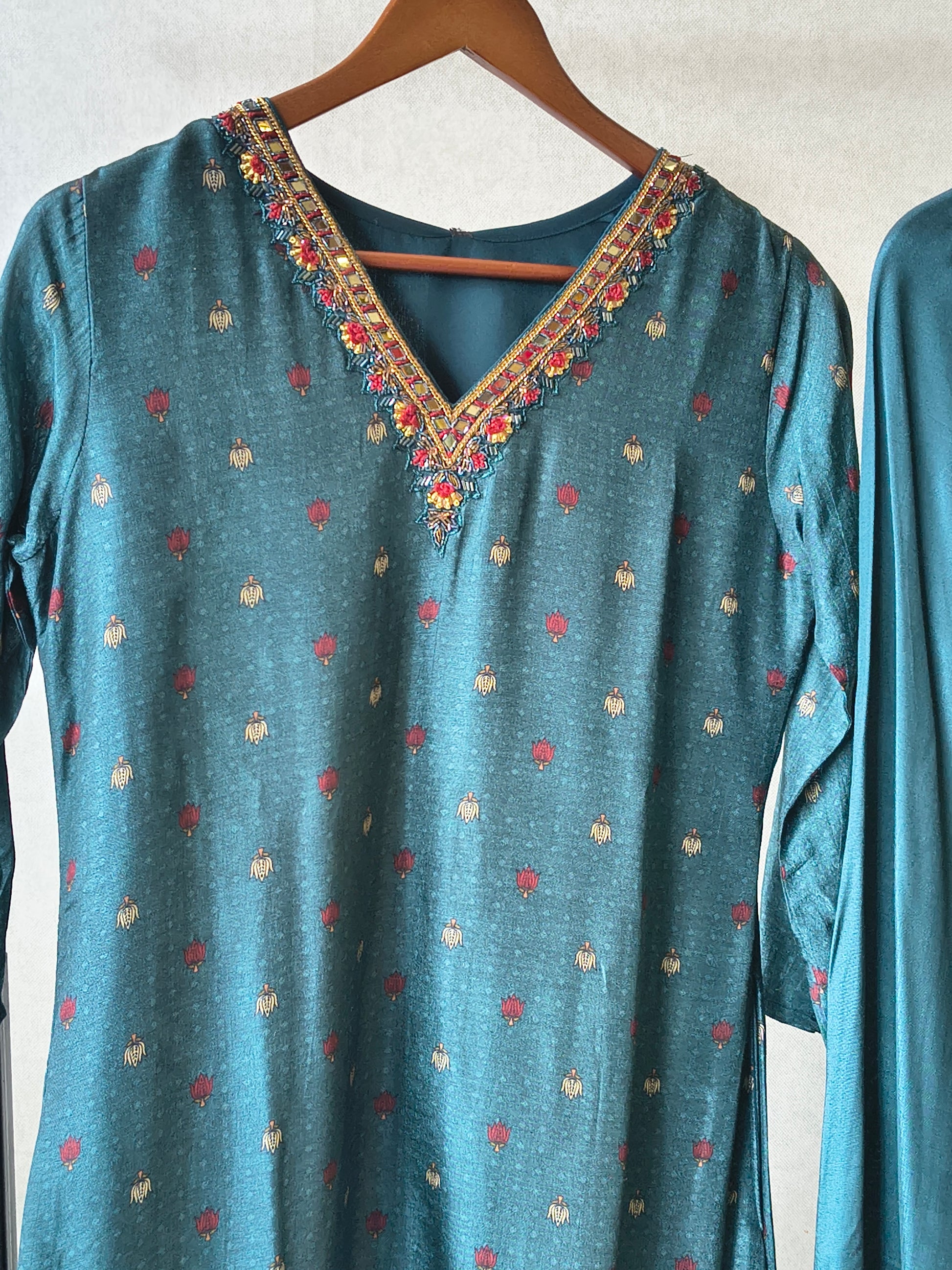 Premium Teal Printed Straight Kurta with Palazzo & Dupatta Set