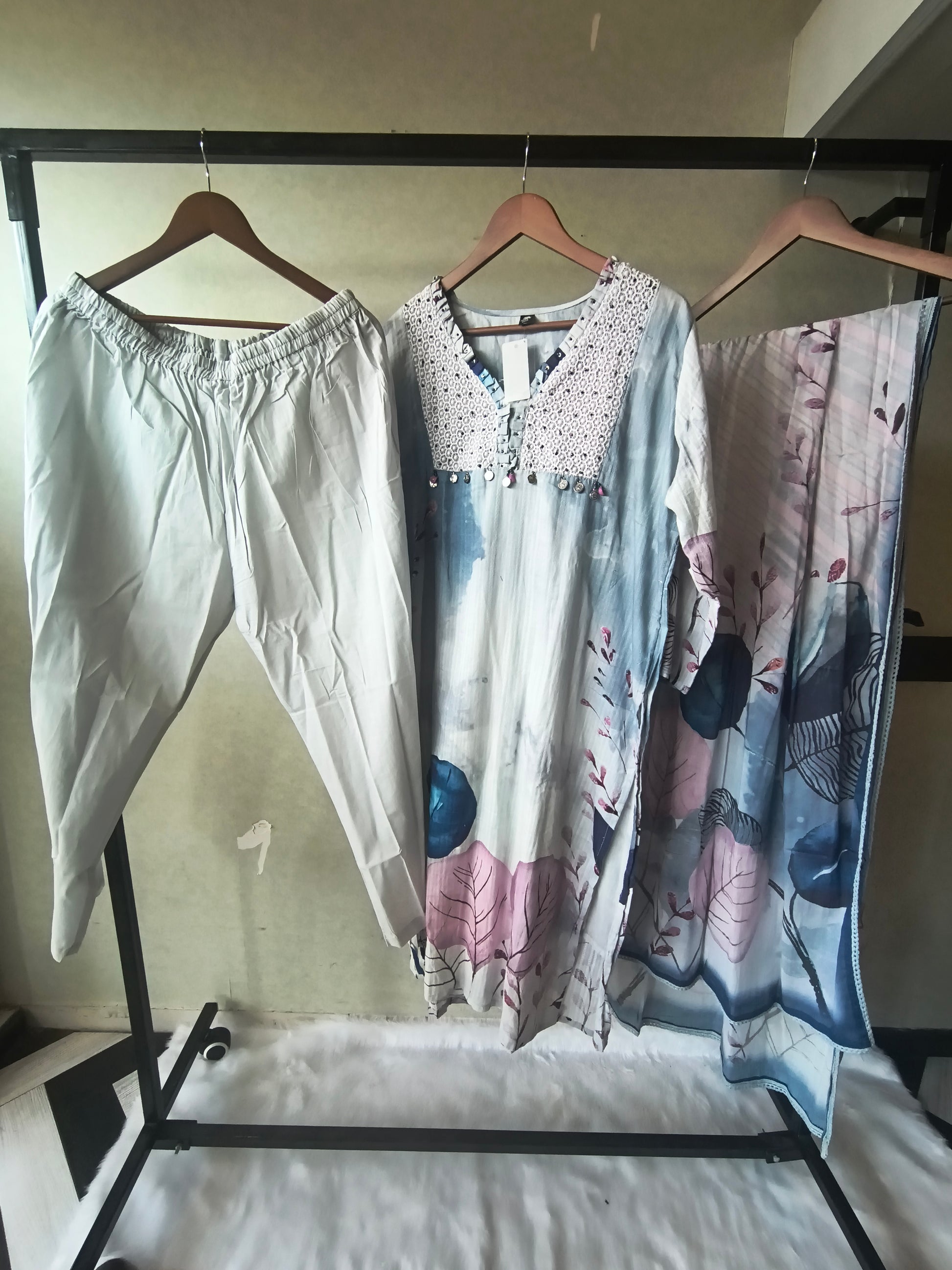 Premium Ice Blue Floral Printed Straight Kurta Set with Crochet Yoke, Straight Pants & Designer Dupatta