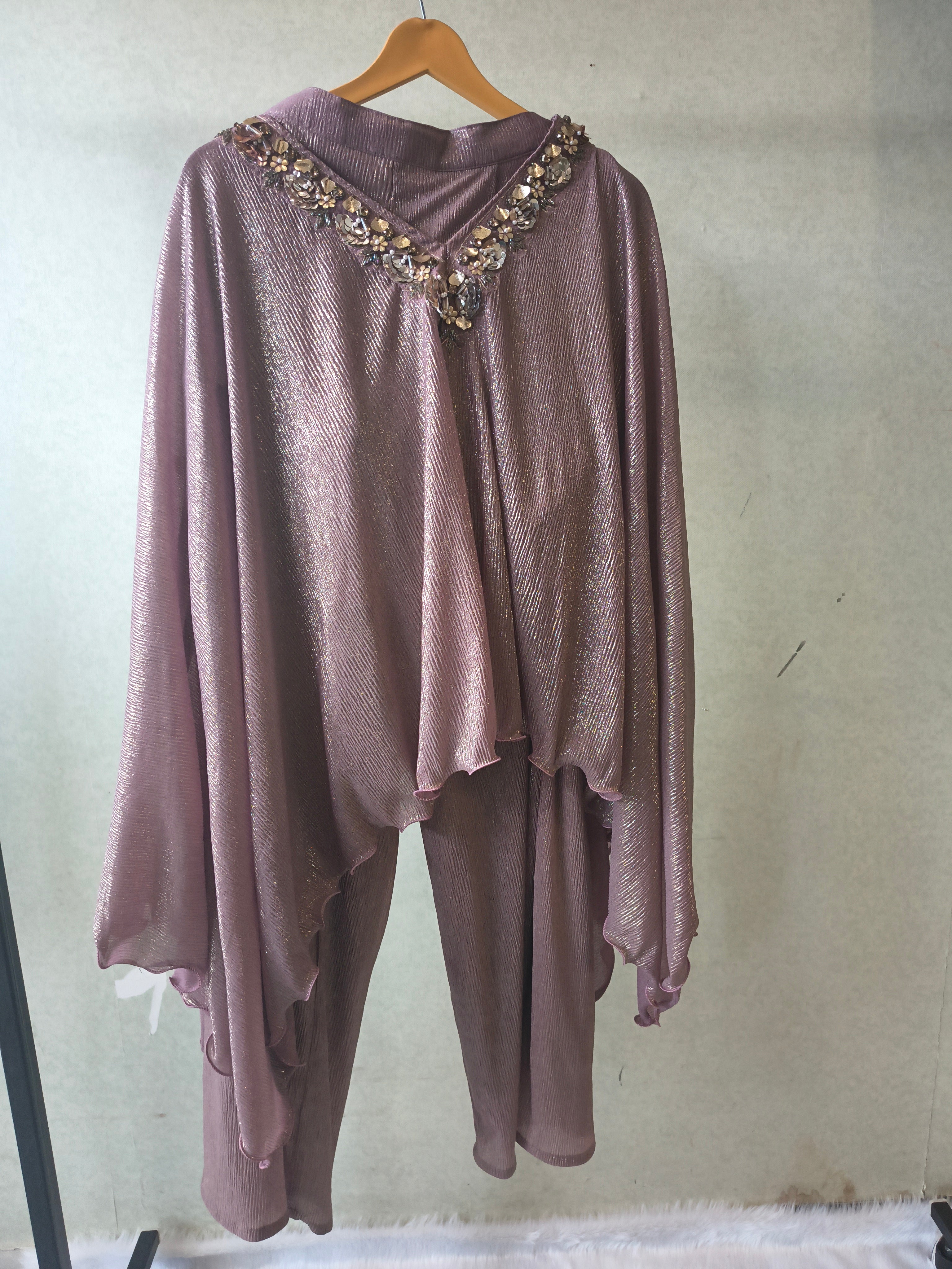 Image of Premium Rose Gold Shimmer Kaftan Co-Ord Set with Hand Embellished Cape & Straight Pants