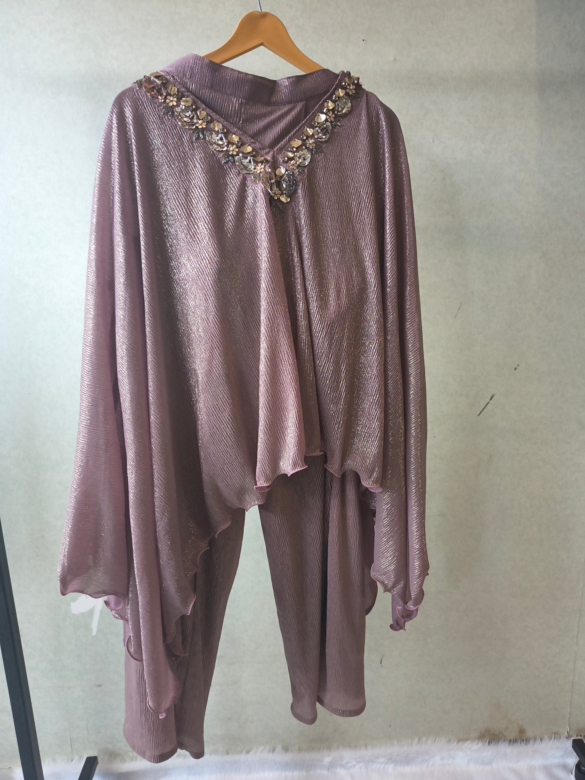 Premium Rose Gold Shimmer Kaftan Co-Ord Set with Hand Embellished Cape & Straight Pants