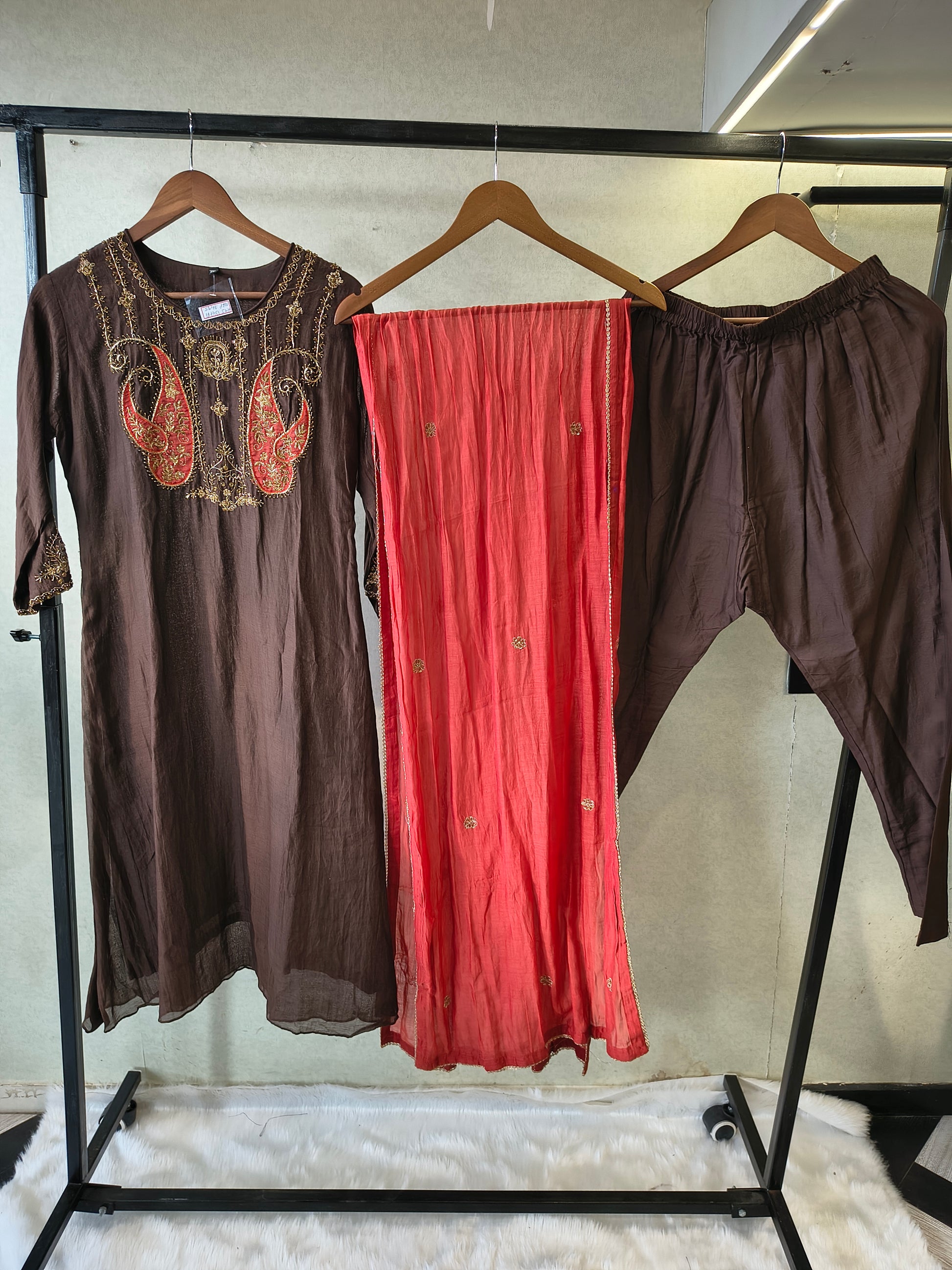 Midnight Black Embroidered Straight Kurta Set with Statement Paisley Yoke, Contrast Crimson Dupatta & Premium 3 Piece Ethnic Ensemble