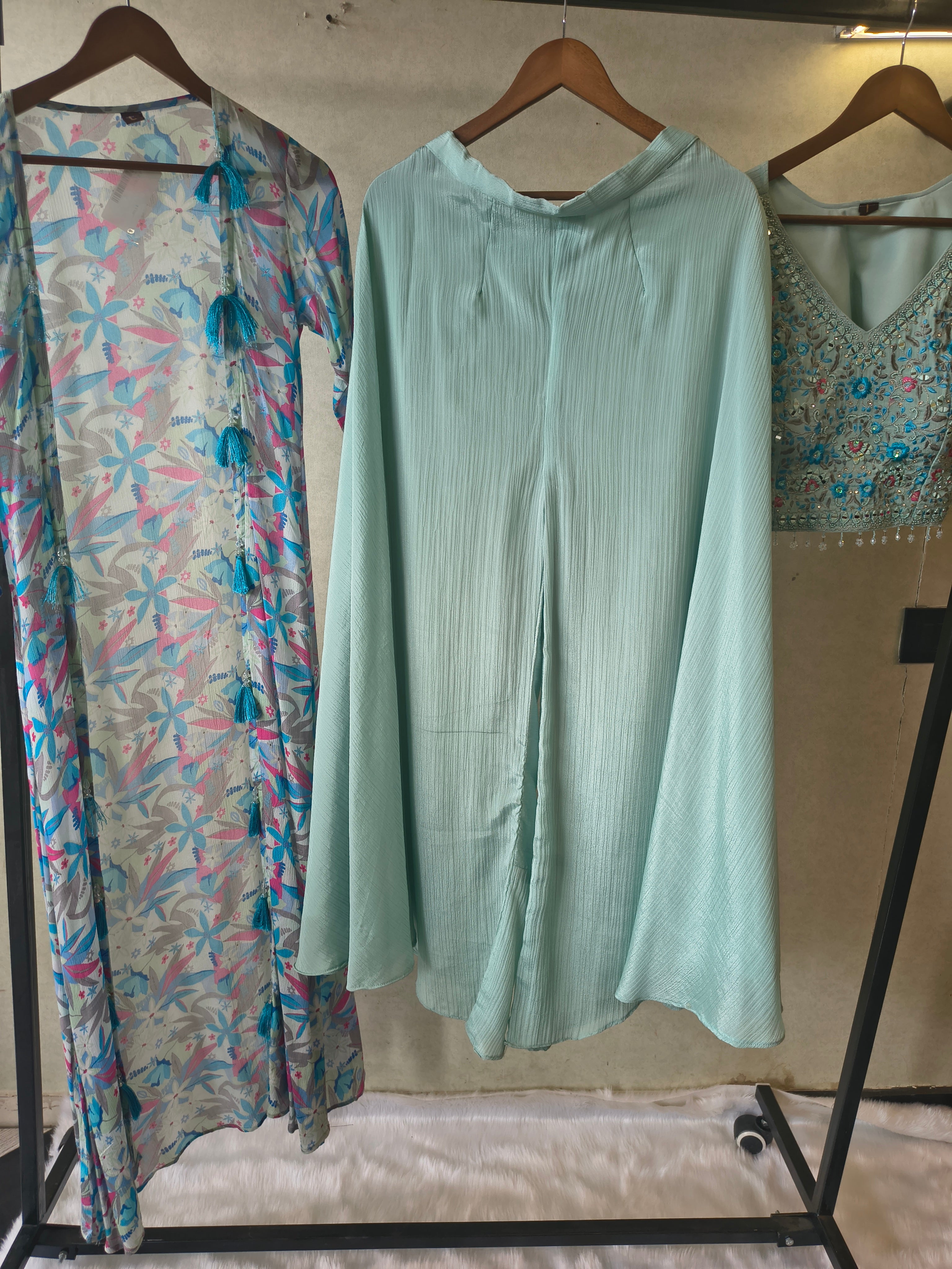 Image of Powder Blue Mirror Embroidered Blouse with Drape Palazzo & Printed Tassel Dupatta – Designer 3 Piece Indo-Western Set
