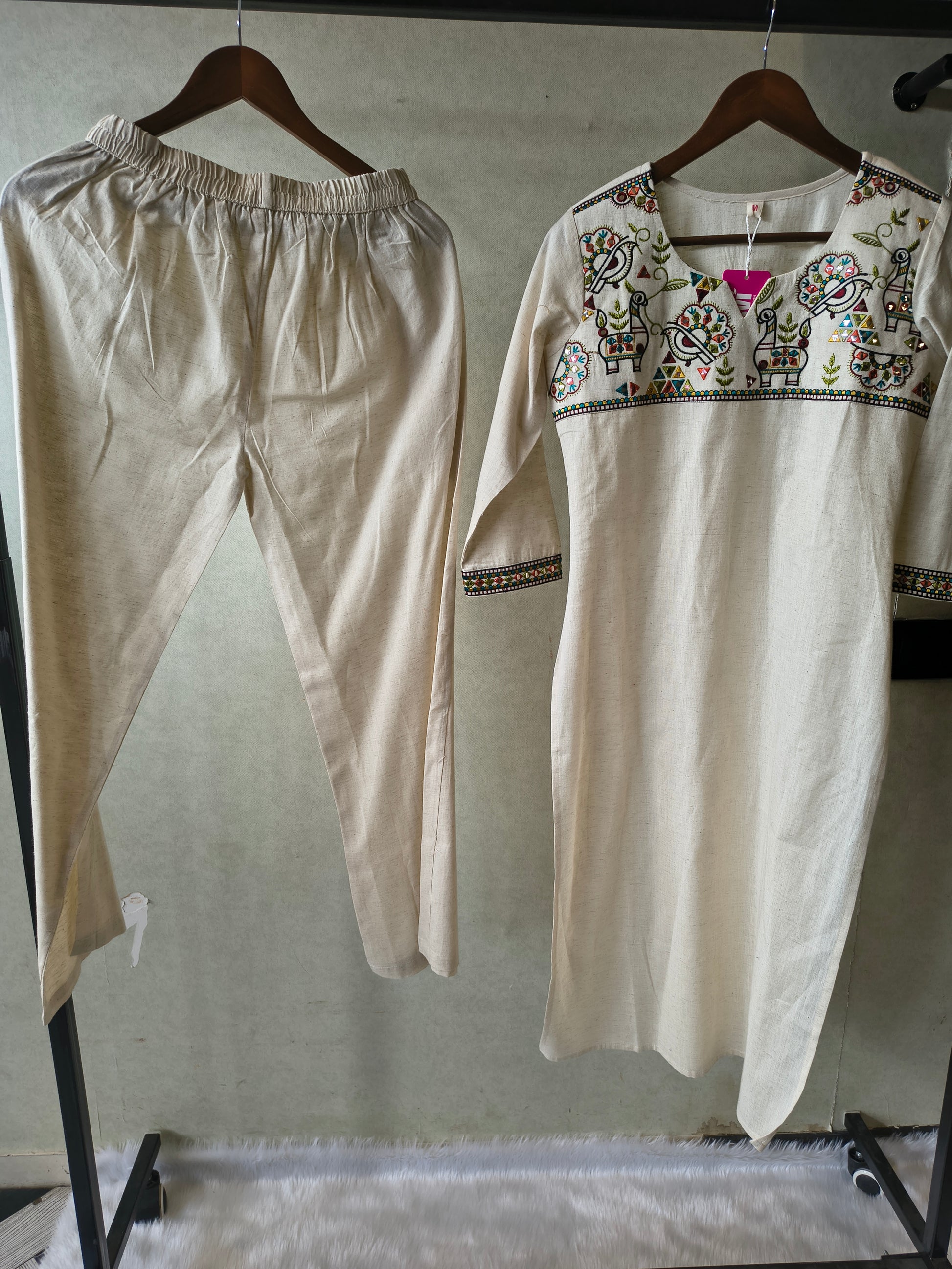 Ivory Cotton Linen Kurta Set with Multicolour Folk Embroidery & Straight Pants
