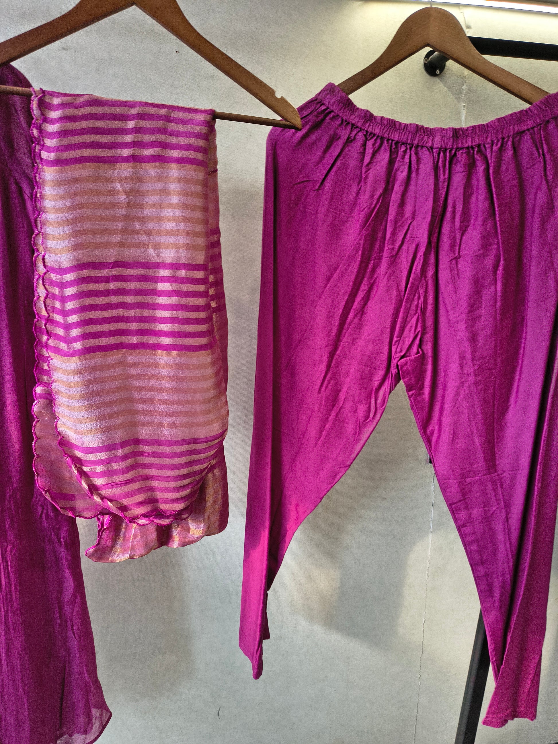 Magenta Embroidered Straight Kurta Set with Heavy Handcrafted Yoke, Striped Organza Dupatta & Premium 3 Piece Ethnic Ensemble