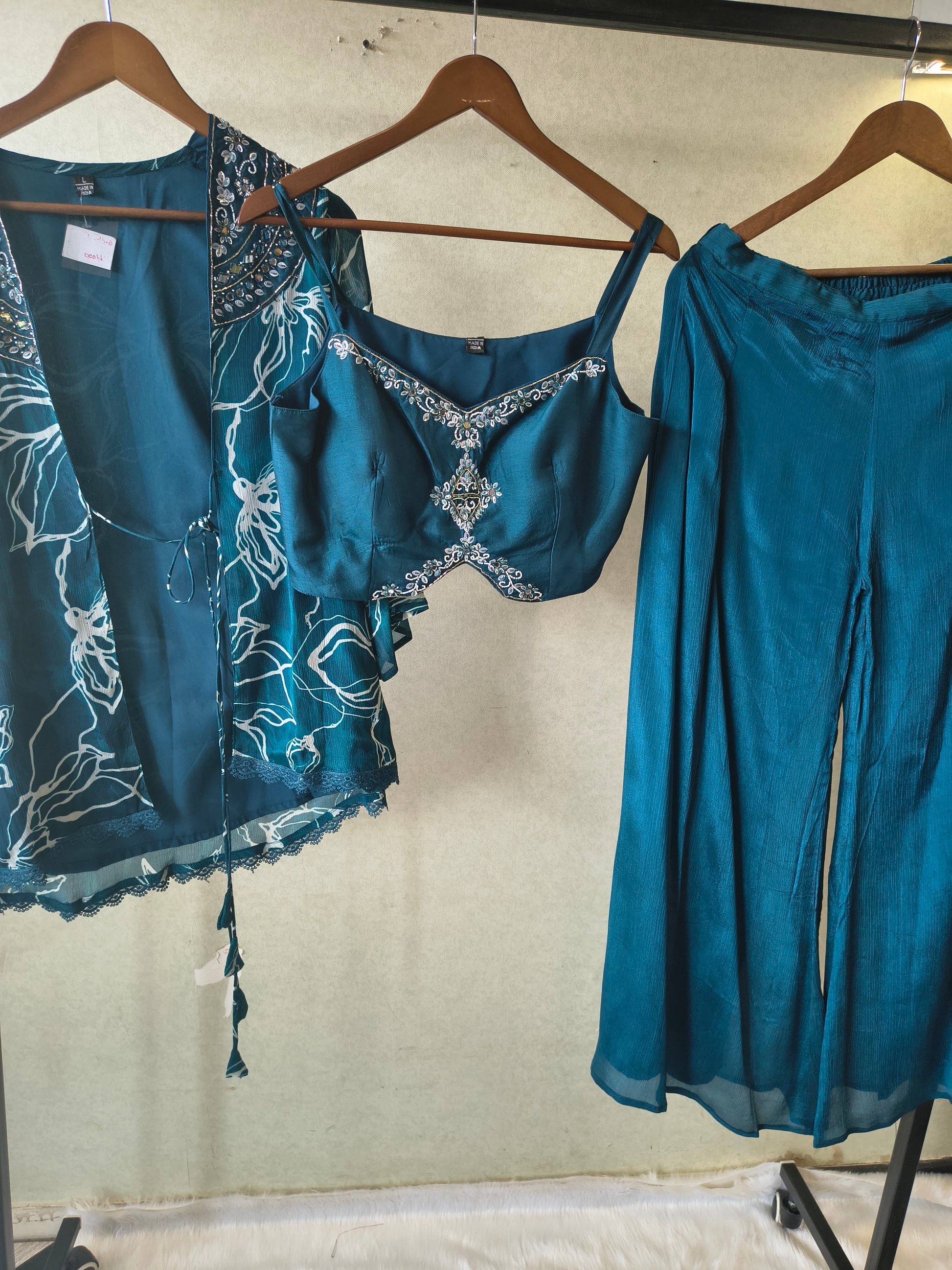 Teal Printed Shrug with Embroidered Designer Bralette & Flared Palazzo – 3 Piece Indo-Western Co-Ord Set