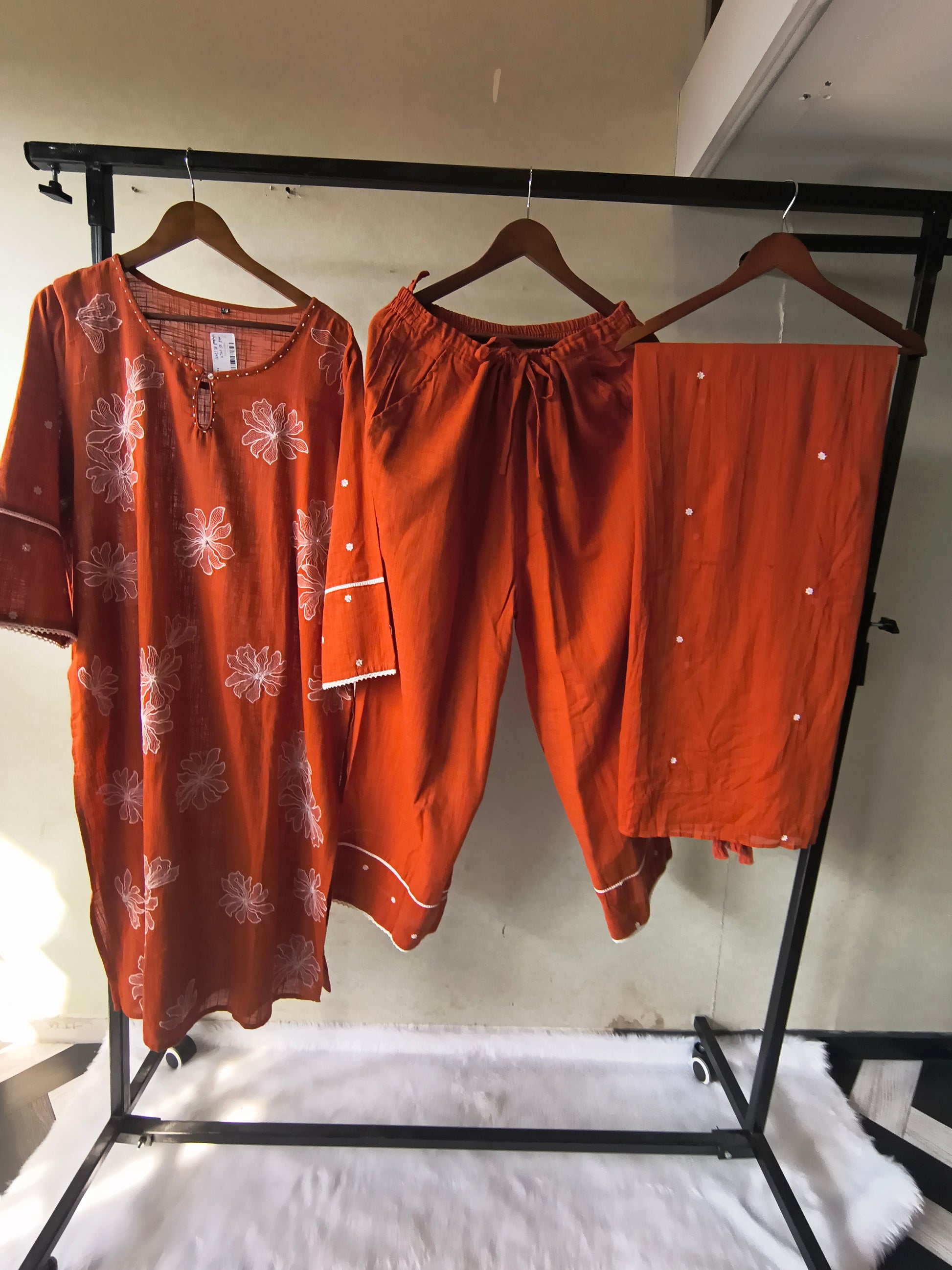 Rust Orange Floral Printed Cotton Kurta Set with Solid Pants & Embroidered Dupatta