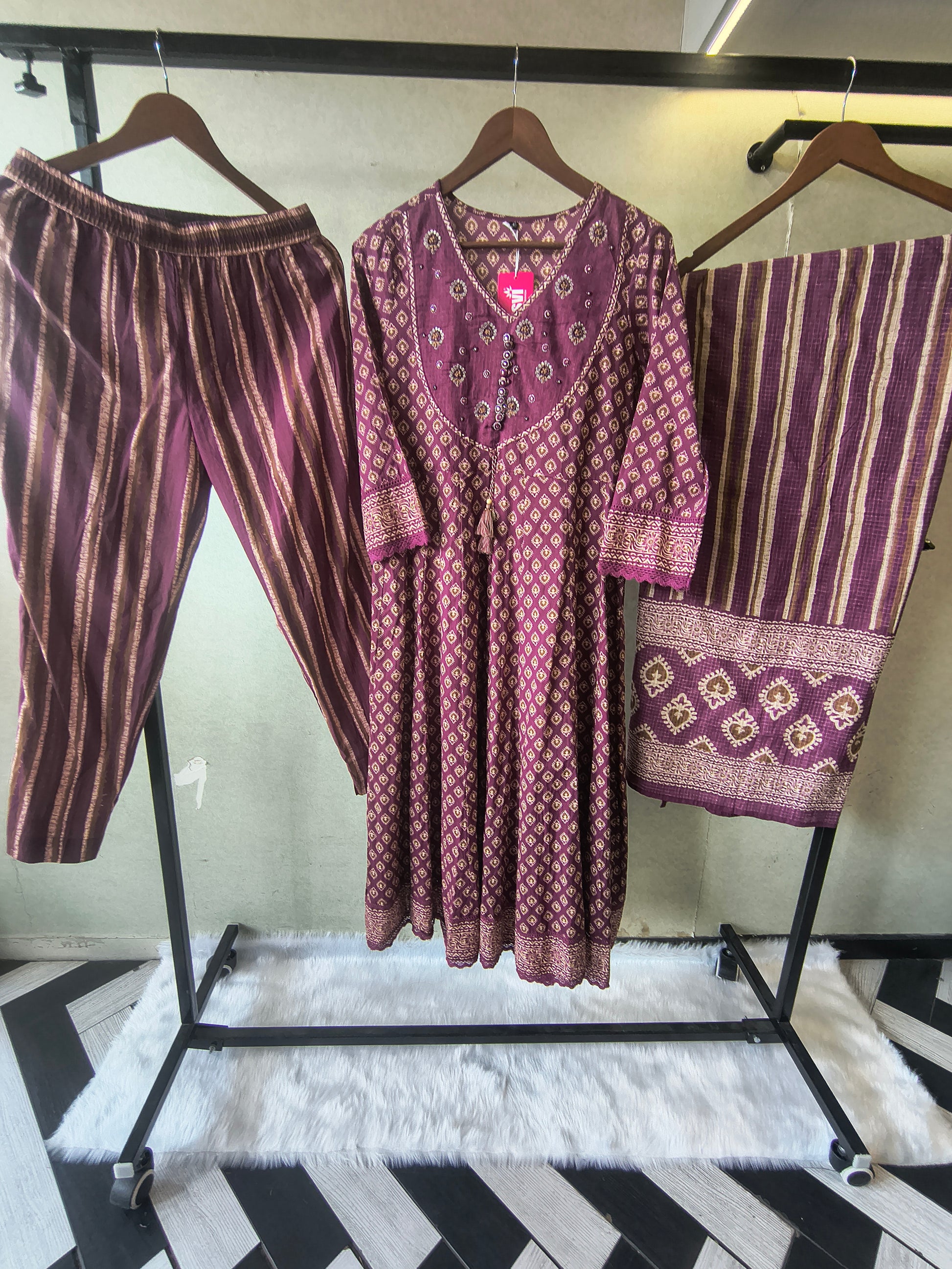 Plum Printed Cotton Anarkali Suit Set with Striped Pants & Dupatta