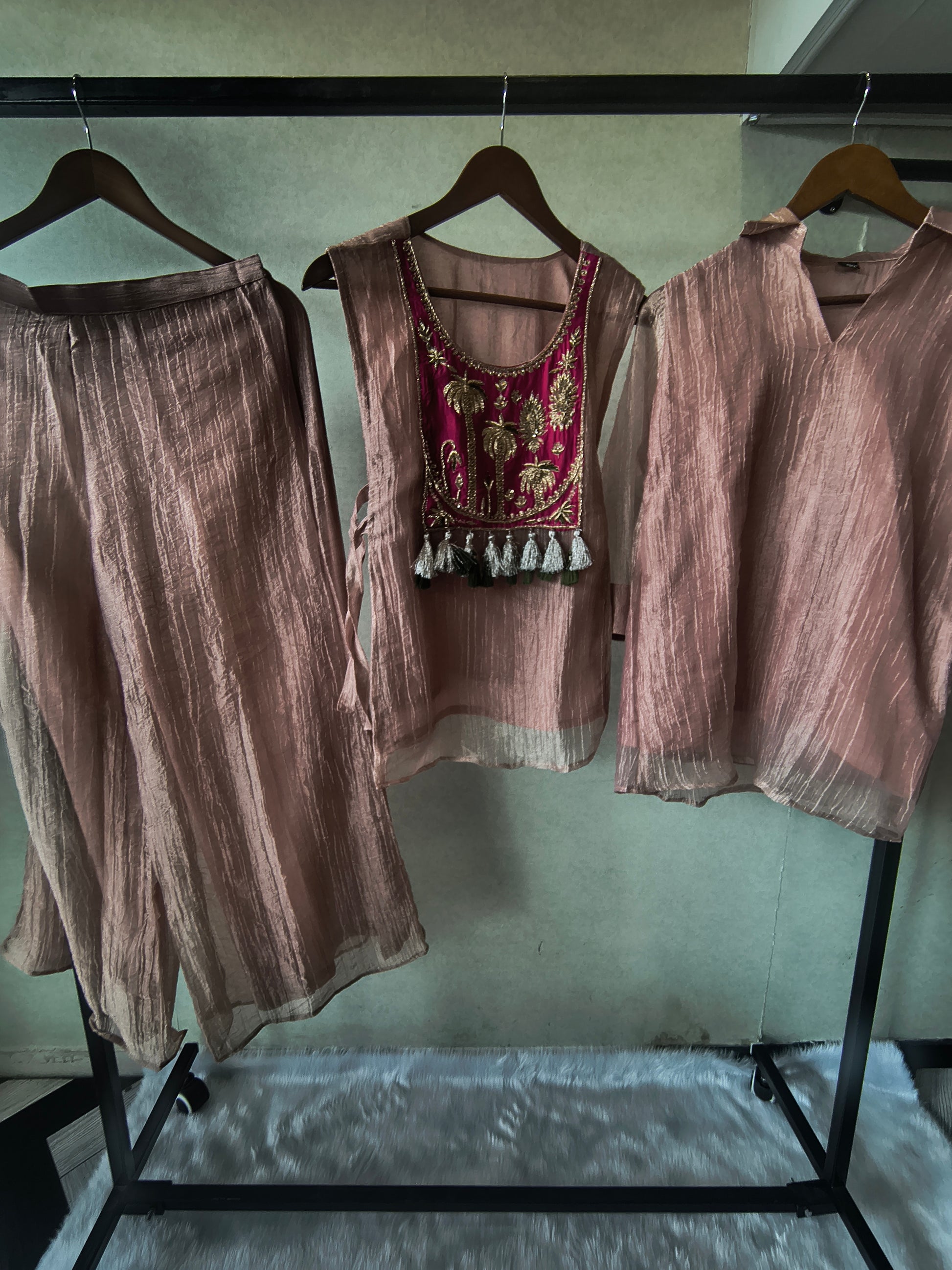 Premium Rose Gold Tissue Silk 3-Piece Co-Ord Set with Hand Embellished Jacket, Inner & Palazzo