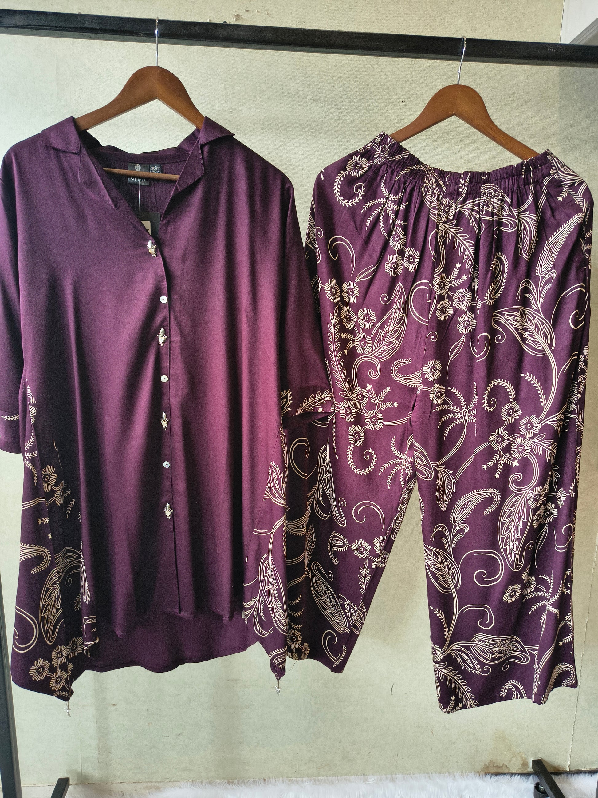Premium Plum Satin Co-Ord Kurta Set with Printed Straight Pants