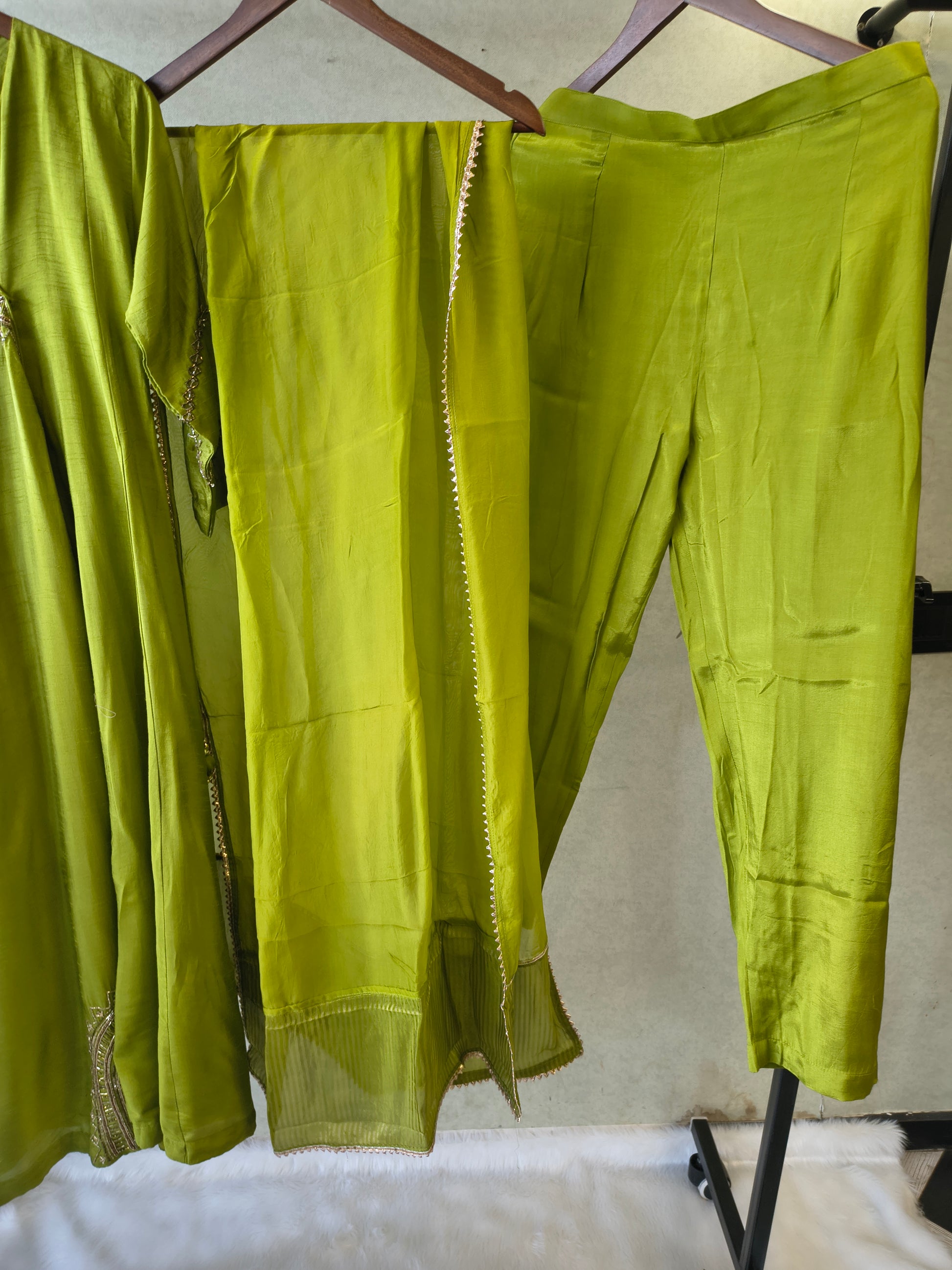 Lime Green Hand-Embroidered Designer Kurta Set with Organza Dupatta | Premium 3 Piece Ethnic Suit