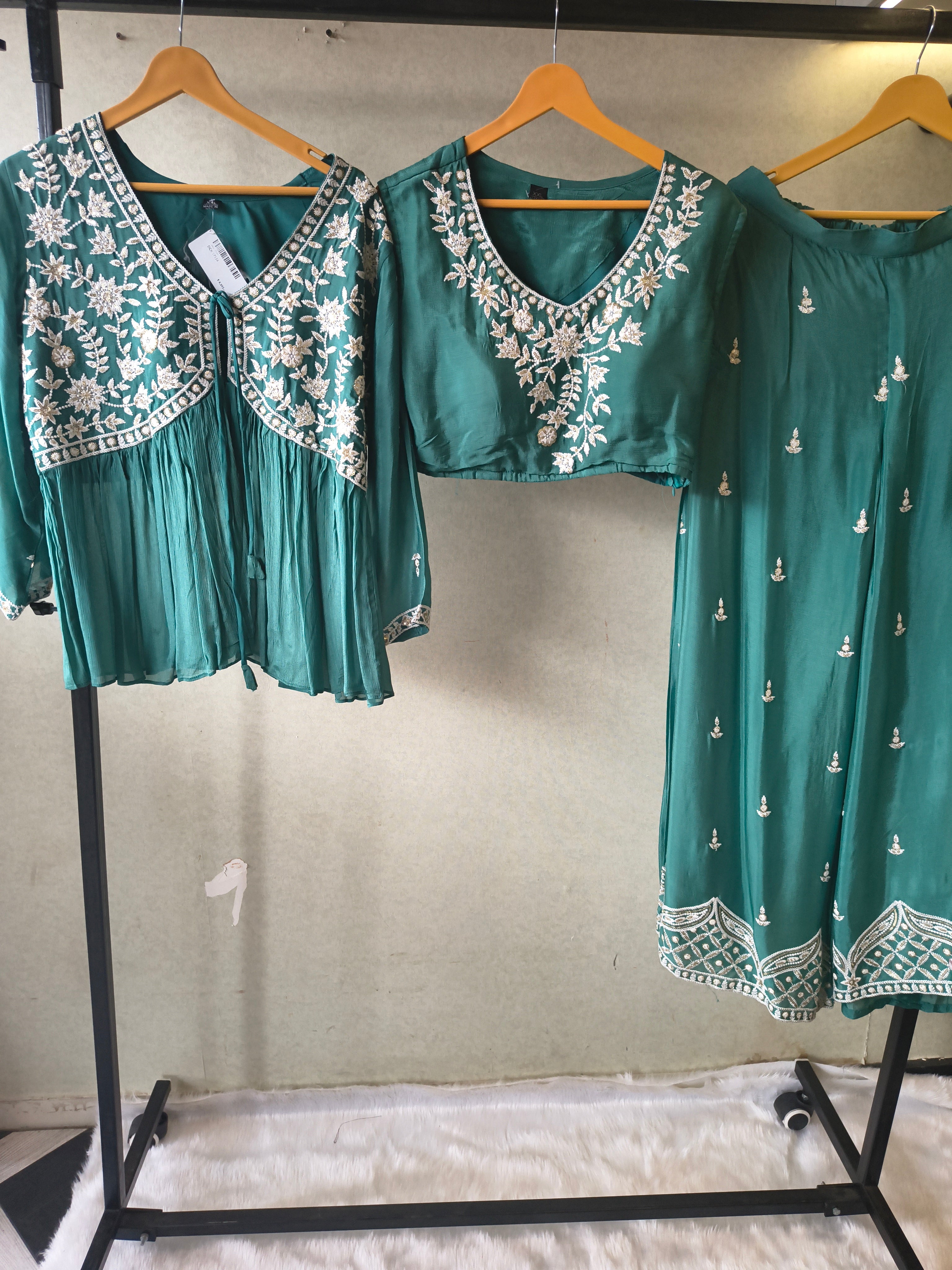 Image of Emerald Green Embroidered Peplum Jacket with Blouse & Flared Palazzo – Designer 3 Piece Indo-Western Set