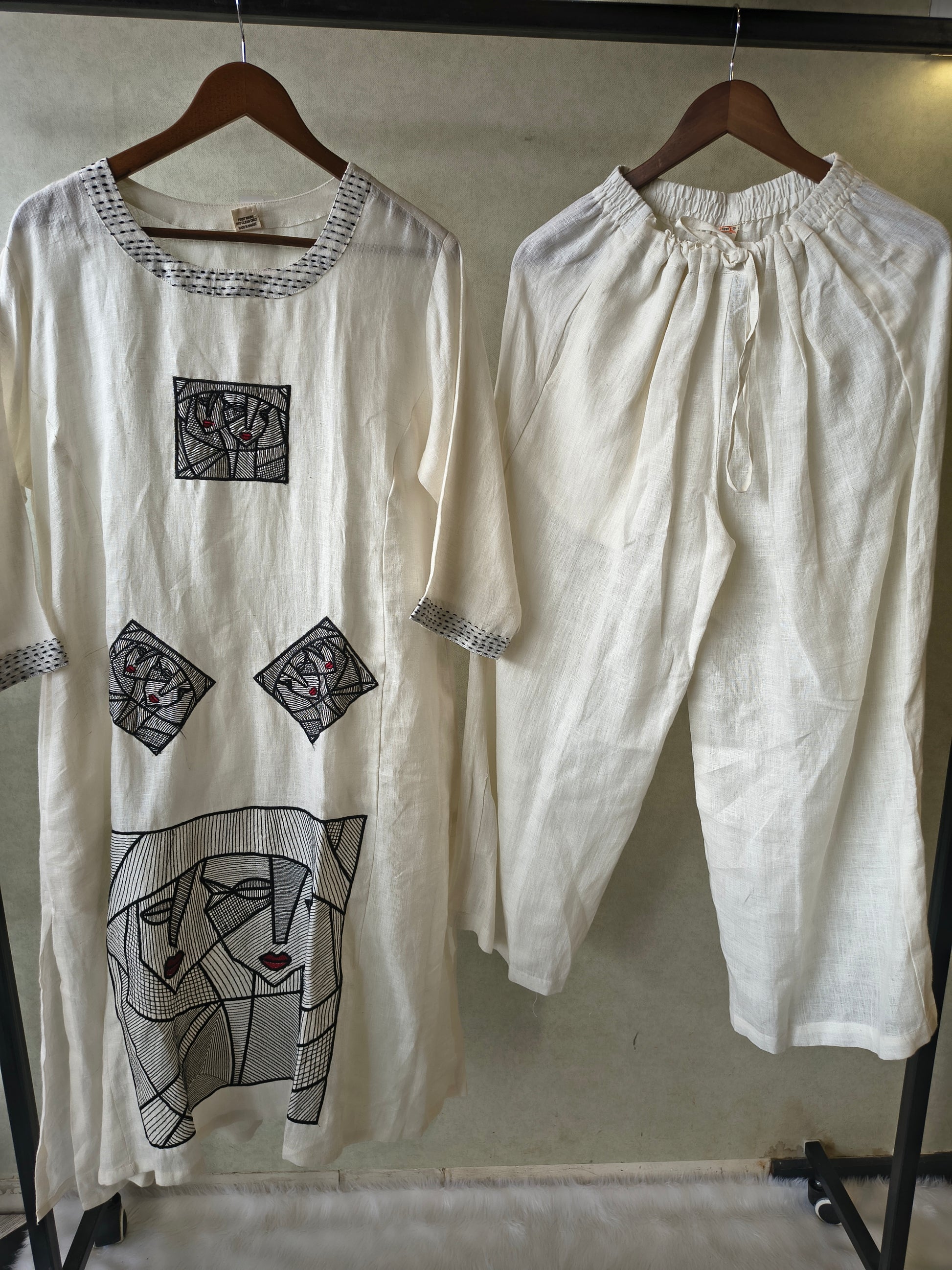 Premium Off-White Artistic Abstract Embroidered Cotton Kurta with Straight Pants Set