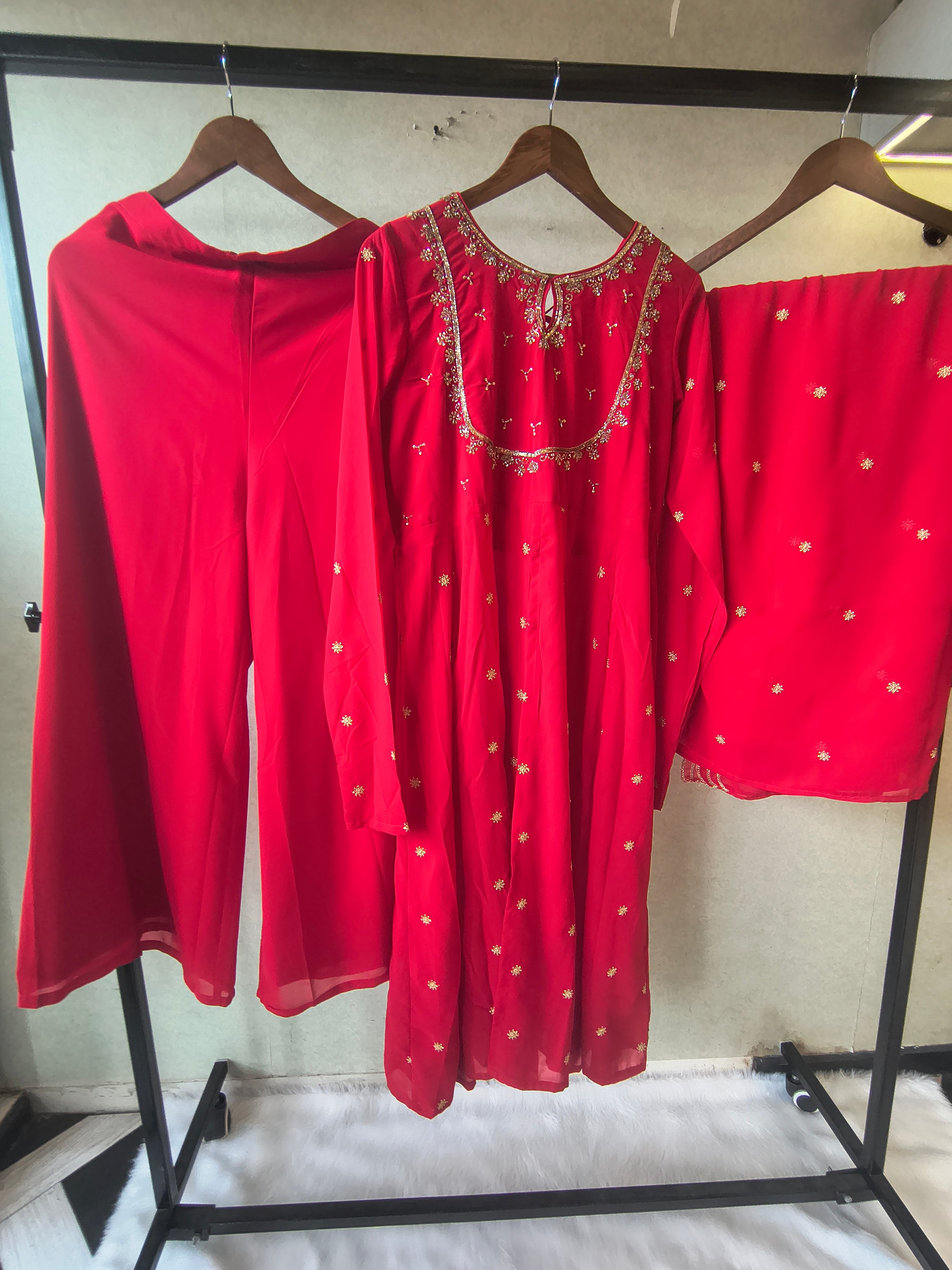 Premium Ruby Red Embroidered Kurta with Sharara & Embellished Dupatta Set