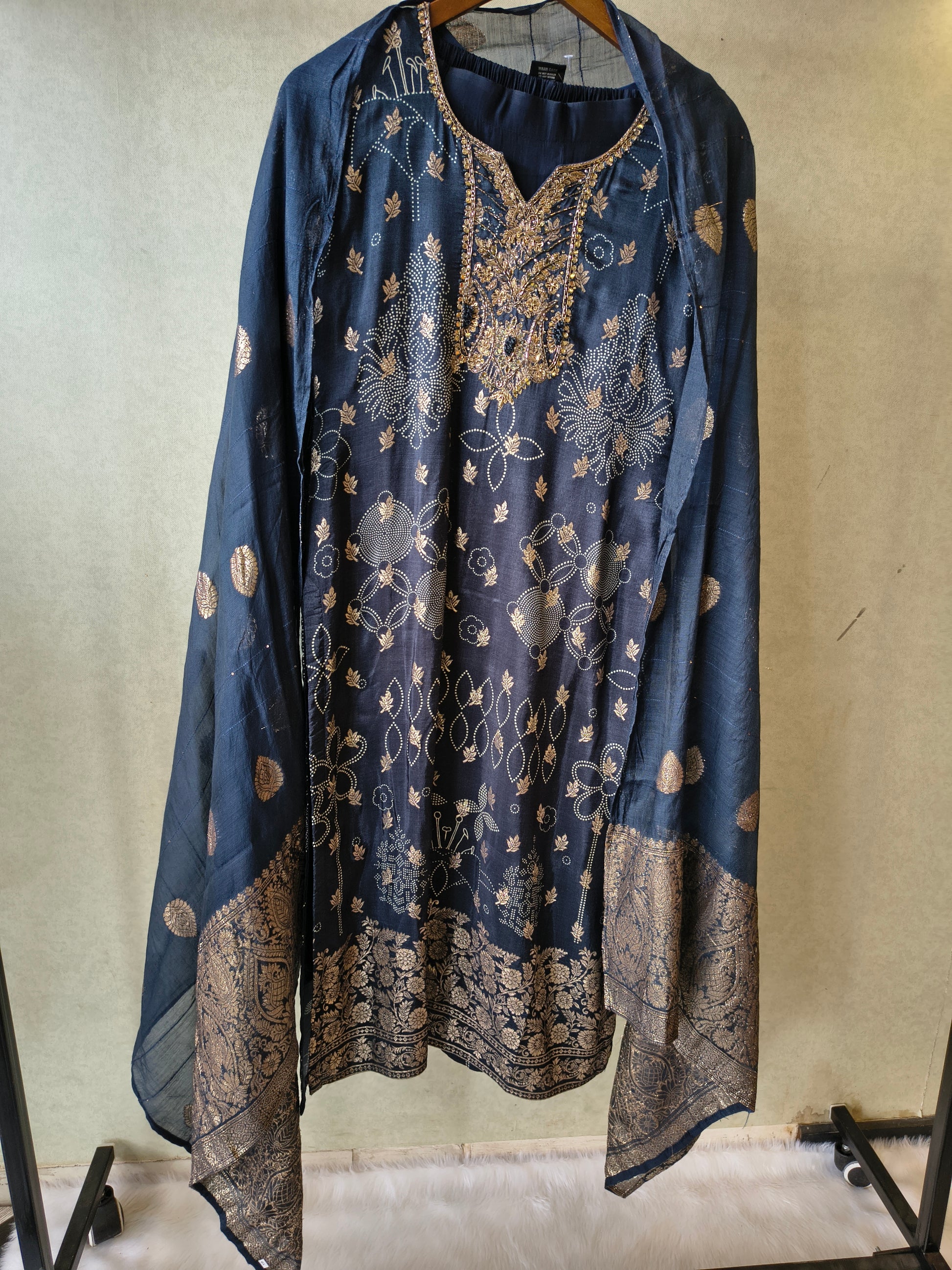 Premium Midnight Blue Zari Printed Kurta Set with Banarasi Dupatta