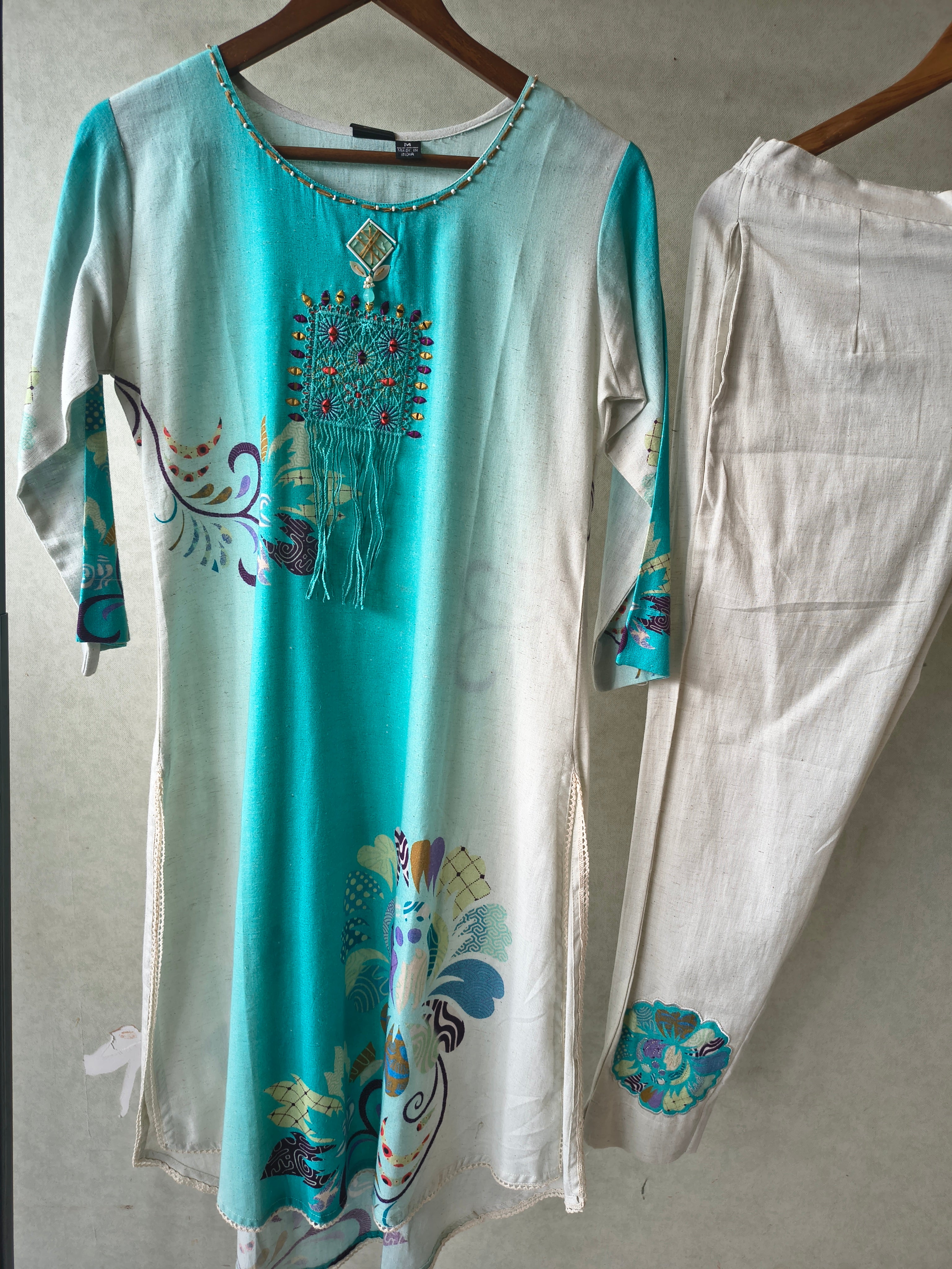 Image of Premium Aqua Ombre Linen Blend Kurta Set with Handcrafted Embroidered Tassel Patch & Embroidered Pants