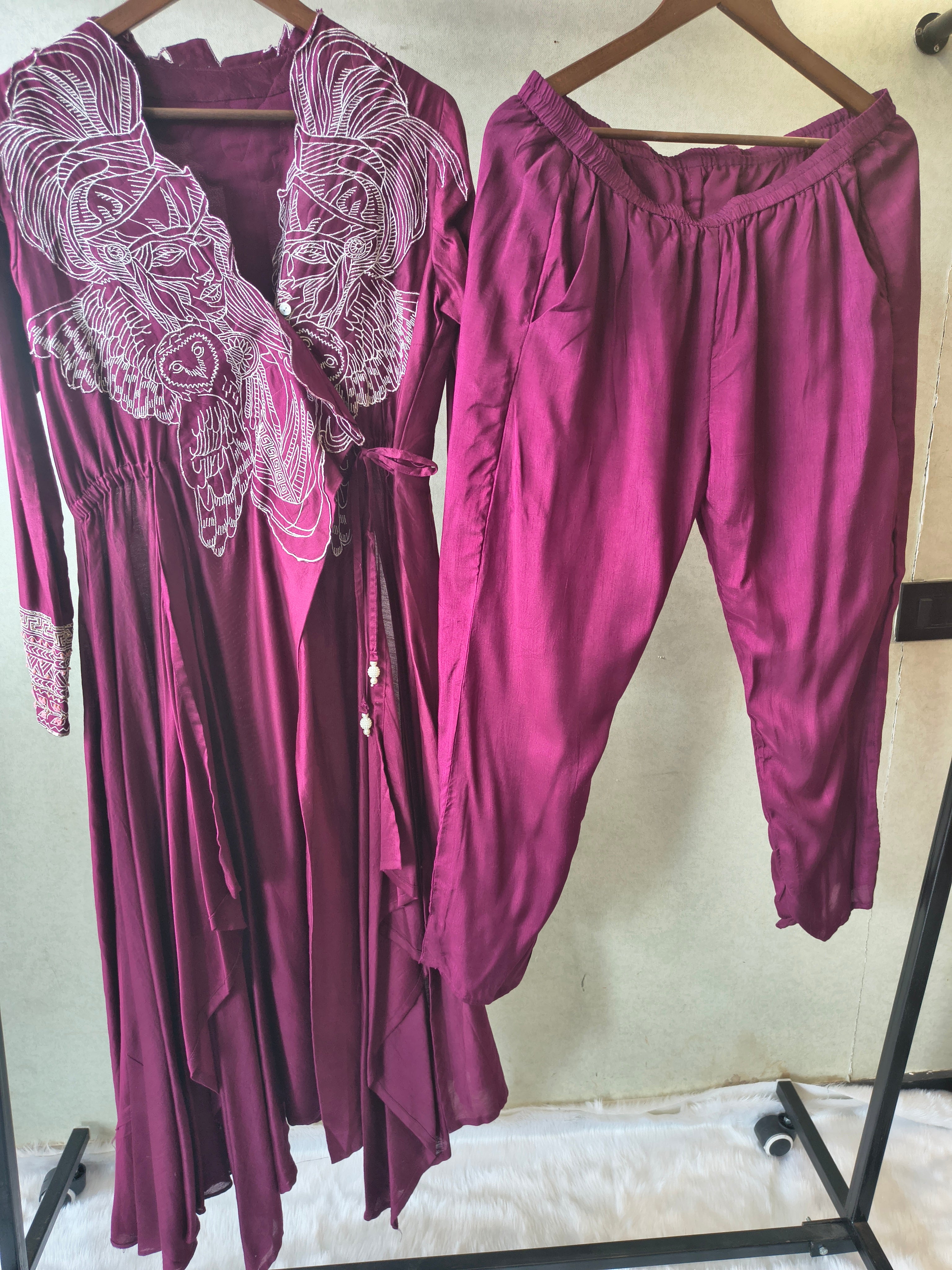 Image of Wine Embroidered Wrap Style Indo-Western Jacket with Dhoti Pants – Designer 2 Piece Fusion Set