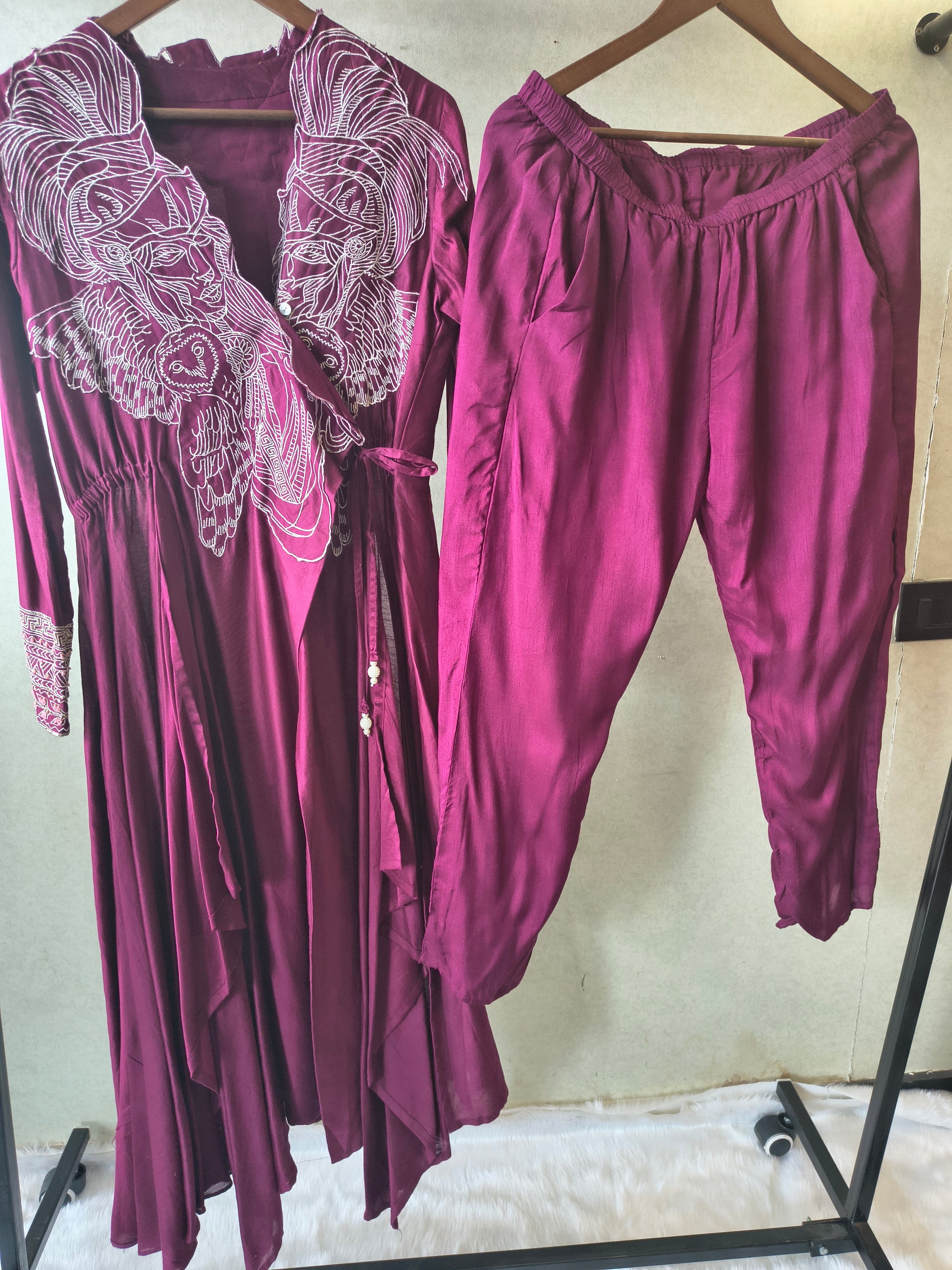 Wine Embroidered Wrap Style Indo-Western Jacket with Dhoti Pants – Designer 2 Piece Fusion Set