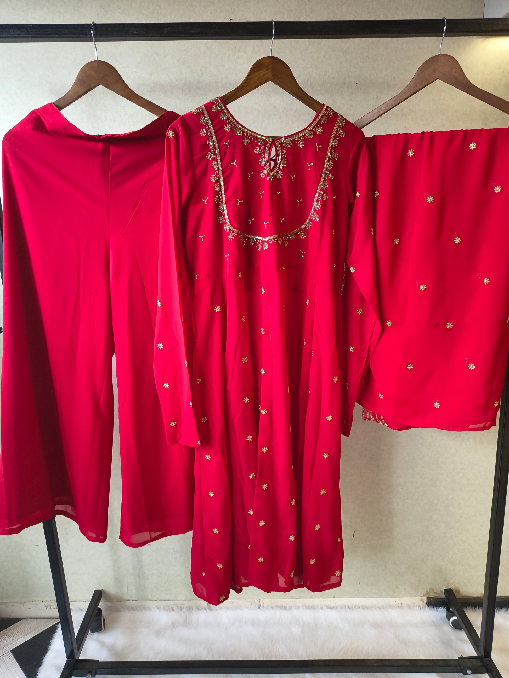 Premium Ruby Red Embroidered Kurta with Sharara & Embellished Dupatta Set