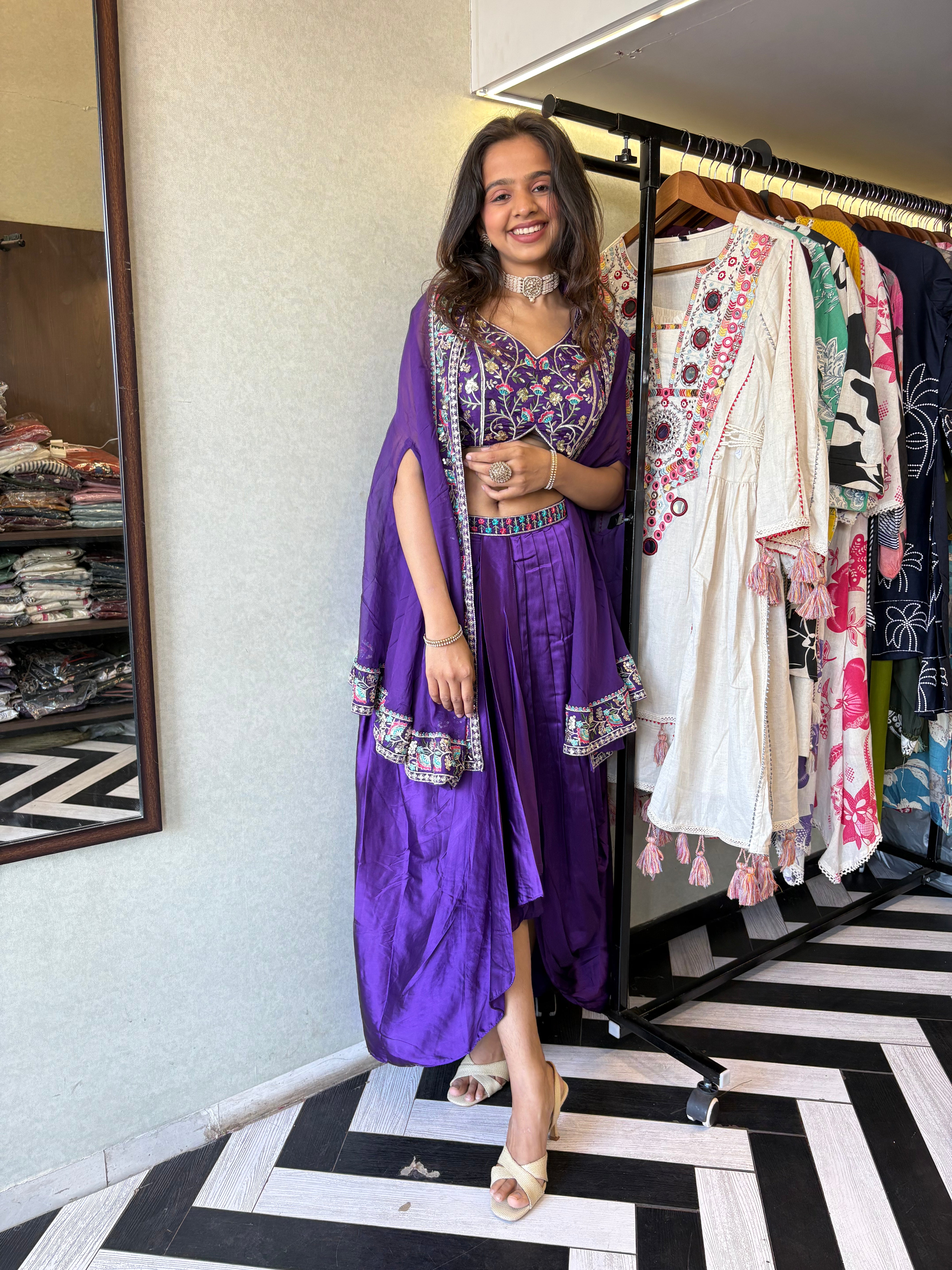 Image of Elegance, Embroidery & the Perfect Drape - All in One Look!

Make your presence unforgettable in this pure crepe purple 3-piece Indo-Western. Full hand embroidery, flawless drape, and designer finishing - this is what statement style looks like
