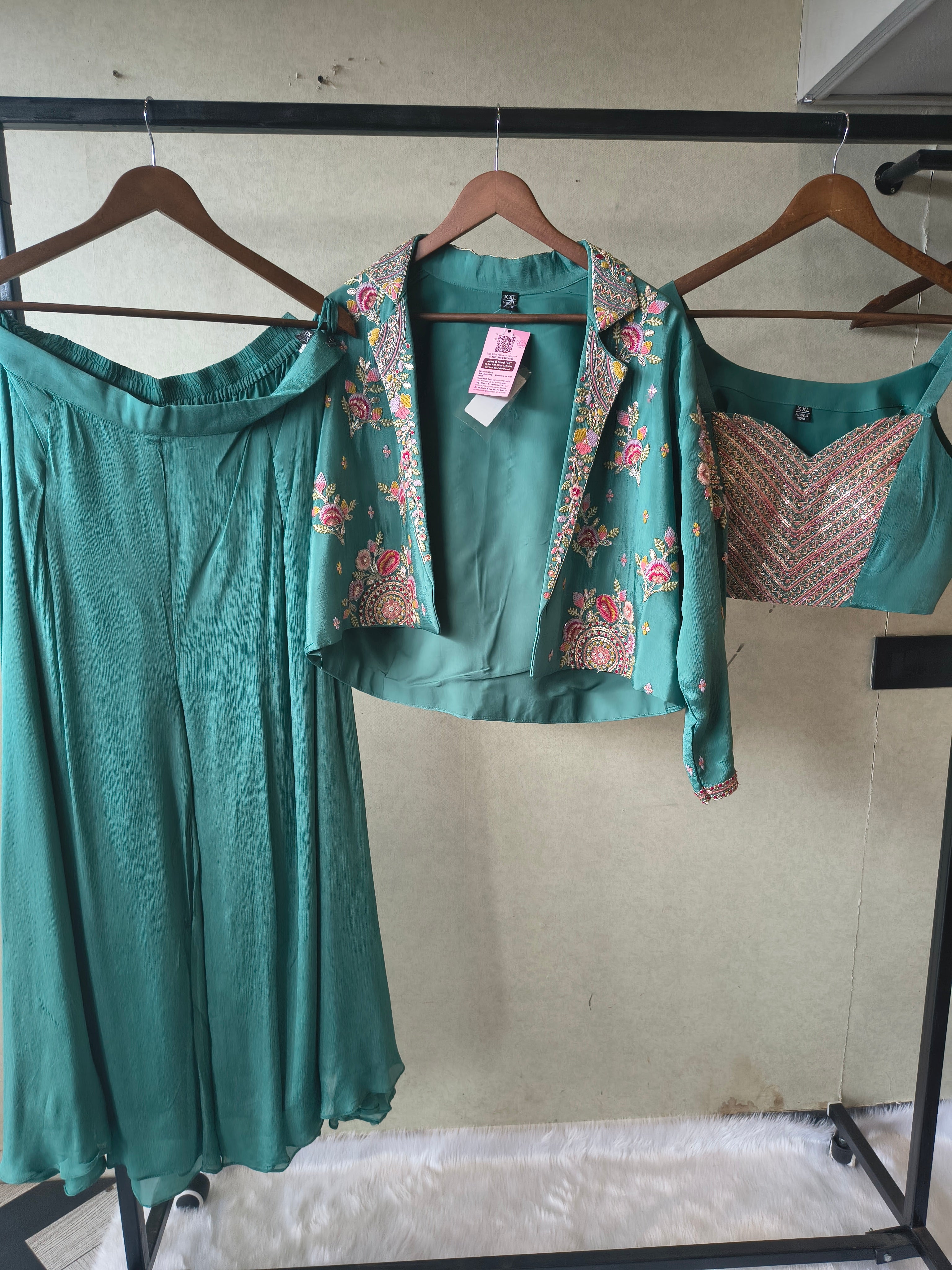 Image of Premium Emerald Green 3-Piece Designer Palazzo Set with Heavy Embroidered Jacket & Sequins Blouse