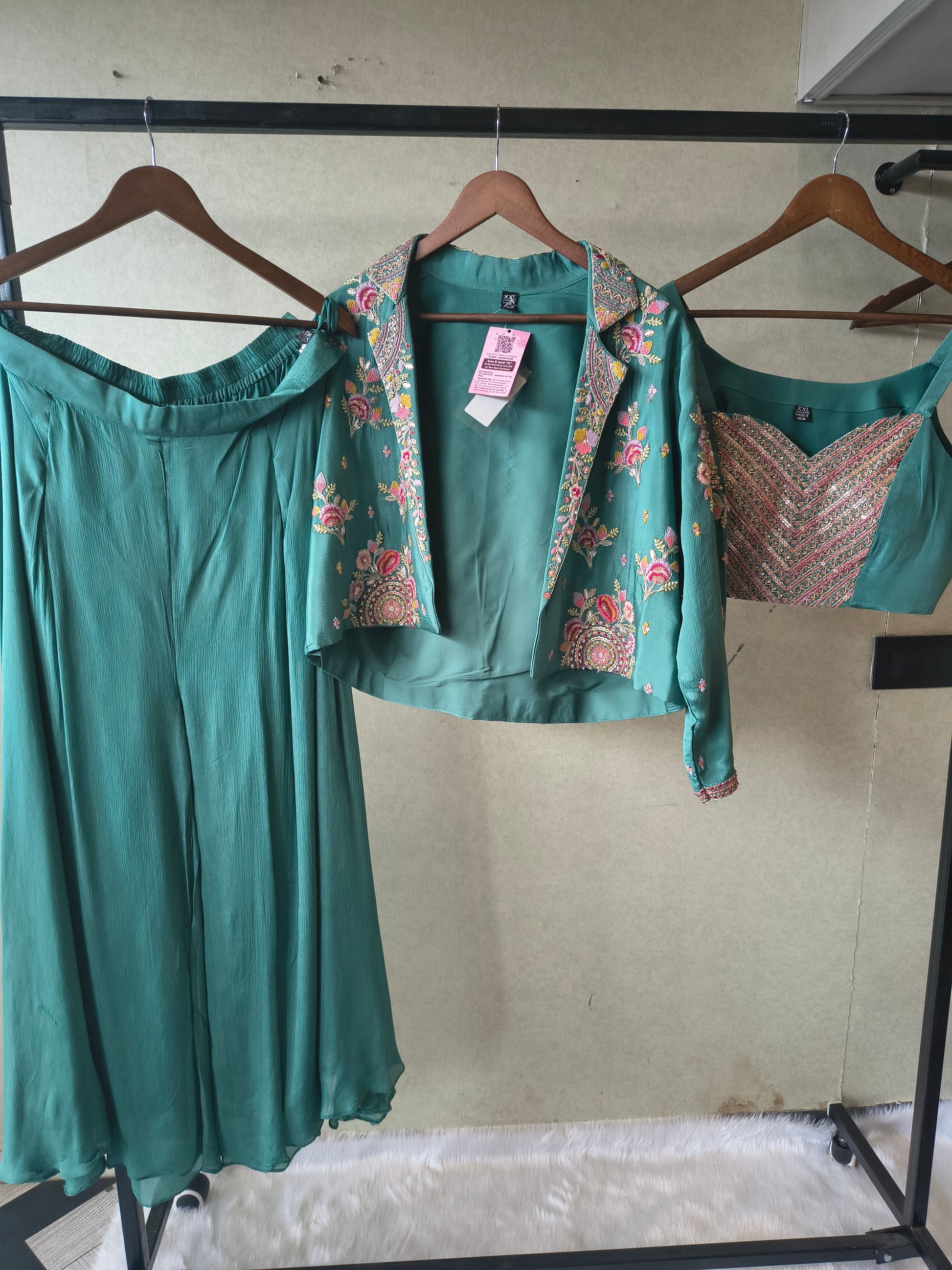 Premium Emerald Green 3-Piece Designer Palazzo Set with Heavy Embroidered Jacket & Sequins Blouse