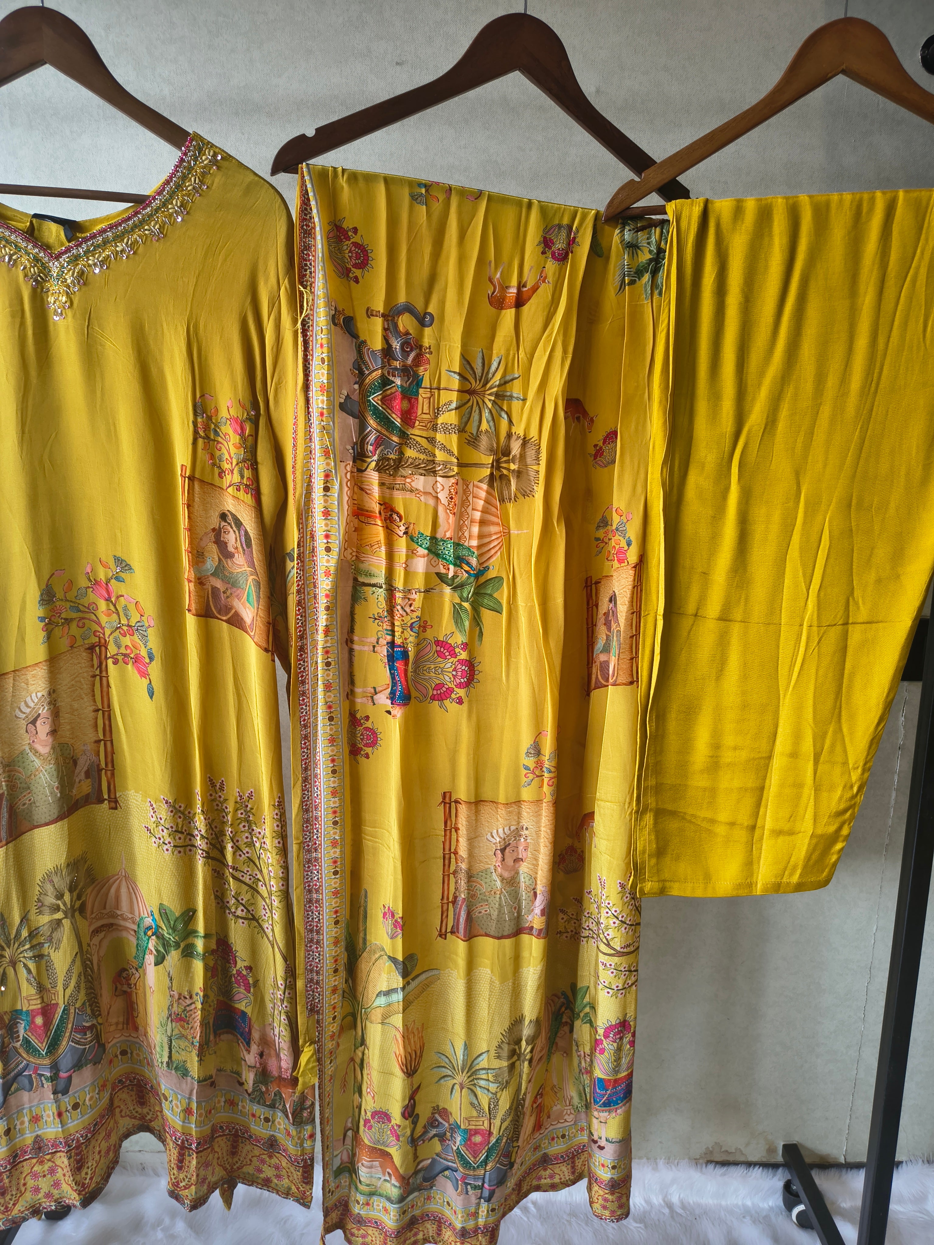 Image of Premium Mustard Yellow Heritage Print Straight Kurta Set with Scenic Dupatta & Straight Pants