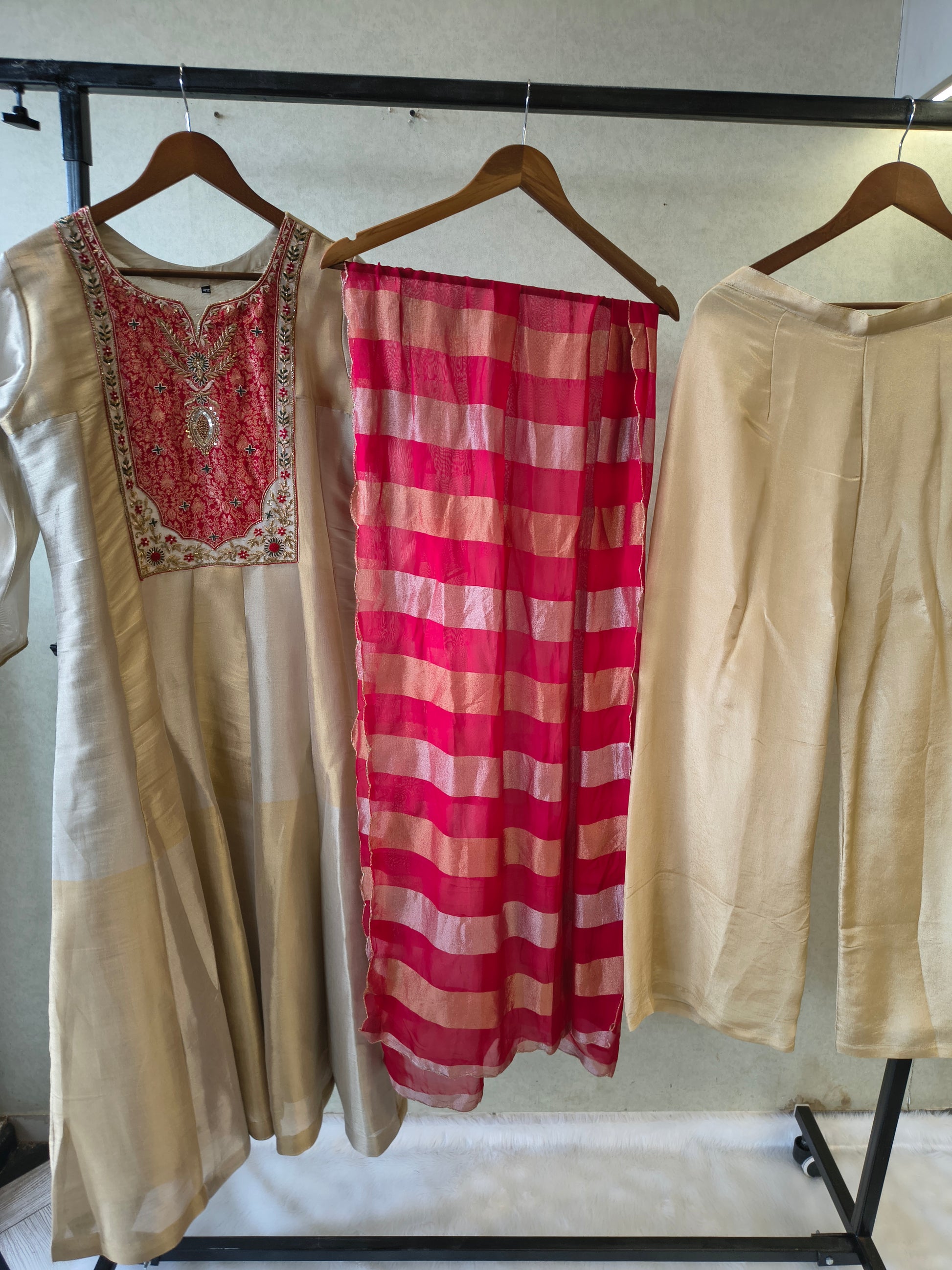 Ivory Embroidered Designer Kurta Set with Pink Striped Organza Dupatta | Premium 3 Piece Ethnic Suit